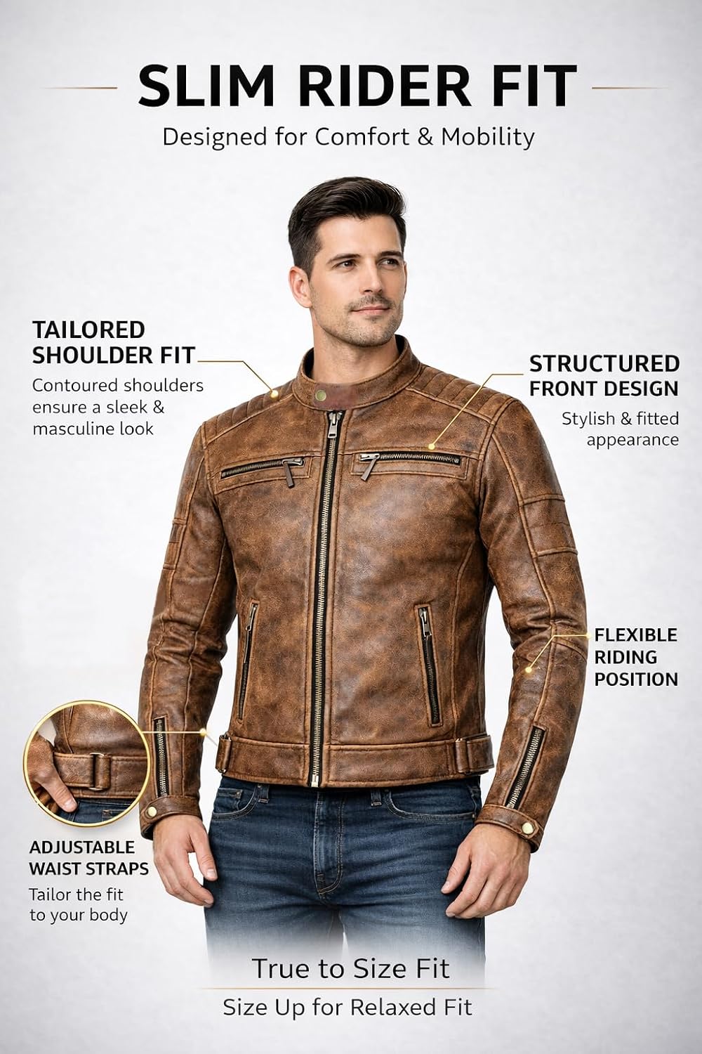Men’s Leather Motorcycle Jacket, Distressed Biker Riding Jacket with Armor Pockets, Removable Liner