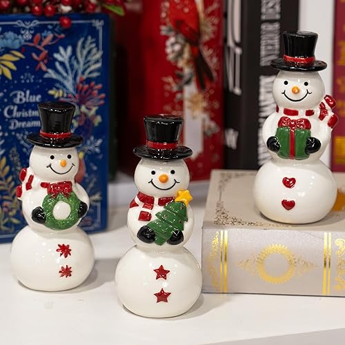 Miniatura 2 de NEROSUN Figuras de muñeco de nieve de Navidad, juego de 3 bonitos adornos de muñeco de nieve de cerámica, decoración de Navidad, centro de mesa de
