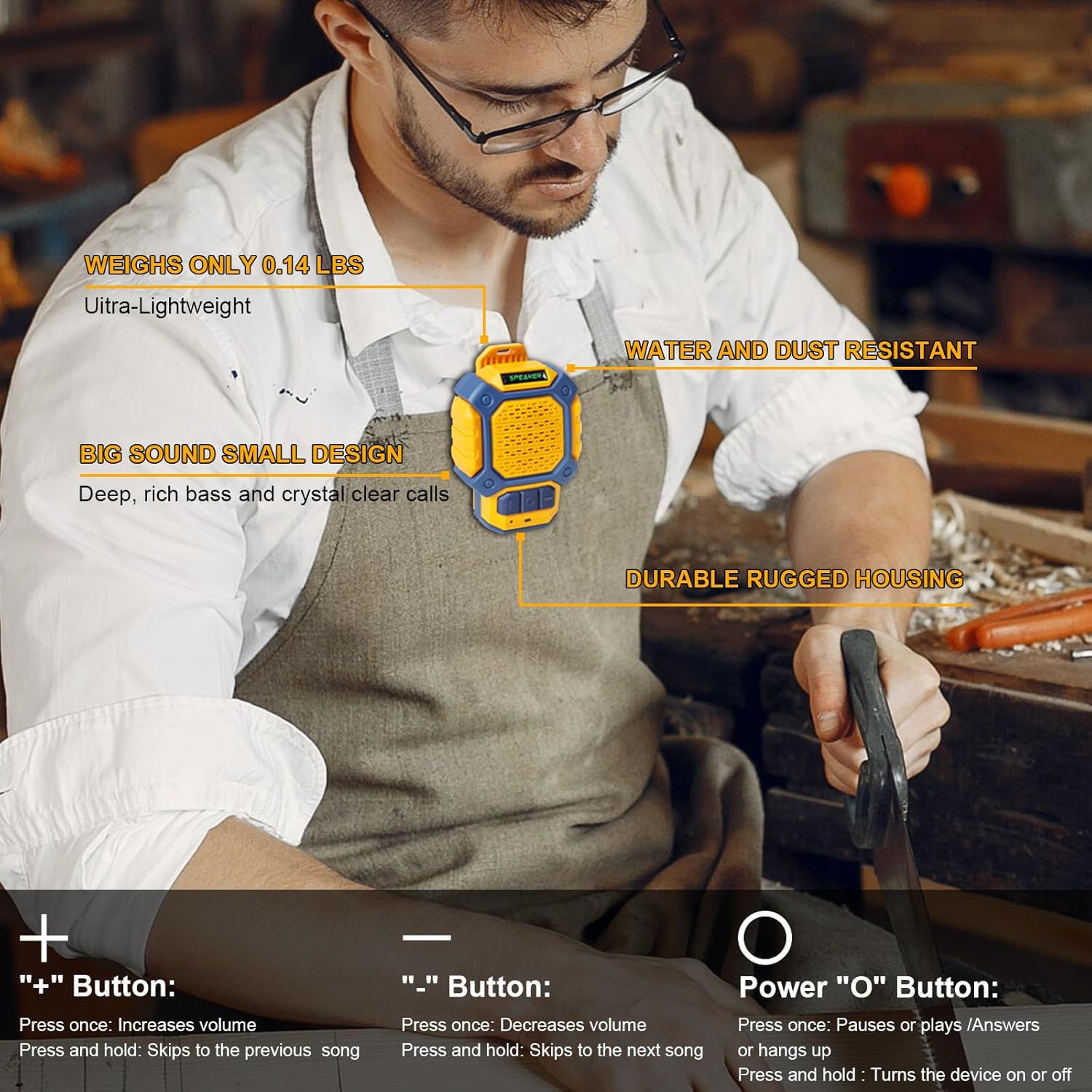 Wearable Bluetooth Speaker, IP56 Waterproof Clip On Wireless Portable Speaker with Clip-On and Built-in Mic for Hands-Free Music/Calls HD Audio for Outdoor/Gym/Work, Yellow - Image 5