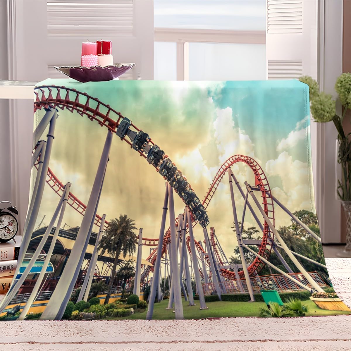 Throw Blanket Amusement Park Roller Coaster 100x130 cm Sherpa Fleece Blanket Soft Cosy Warm Fluffy Blanket Sofa Bed Blankets for Bedroom, Couch, Travel, Versatile Blanket