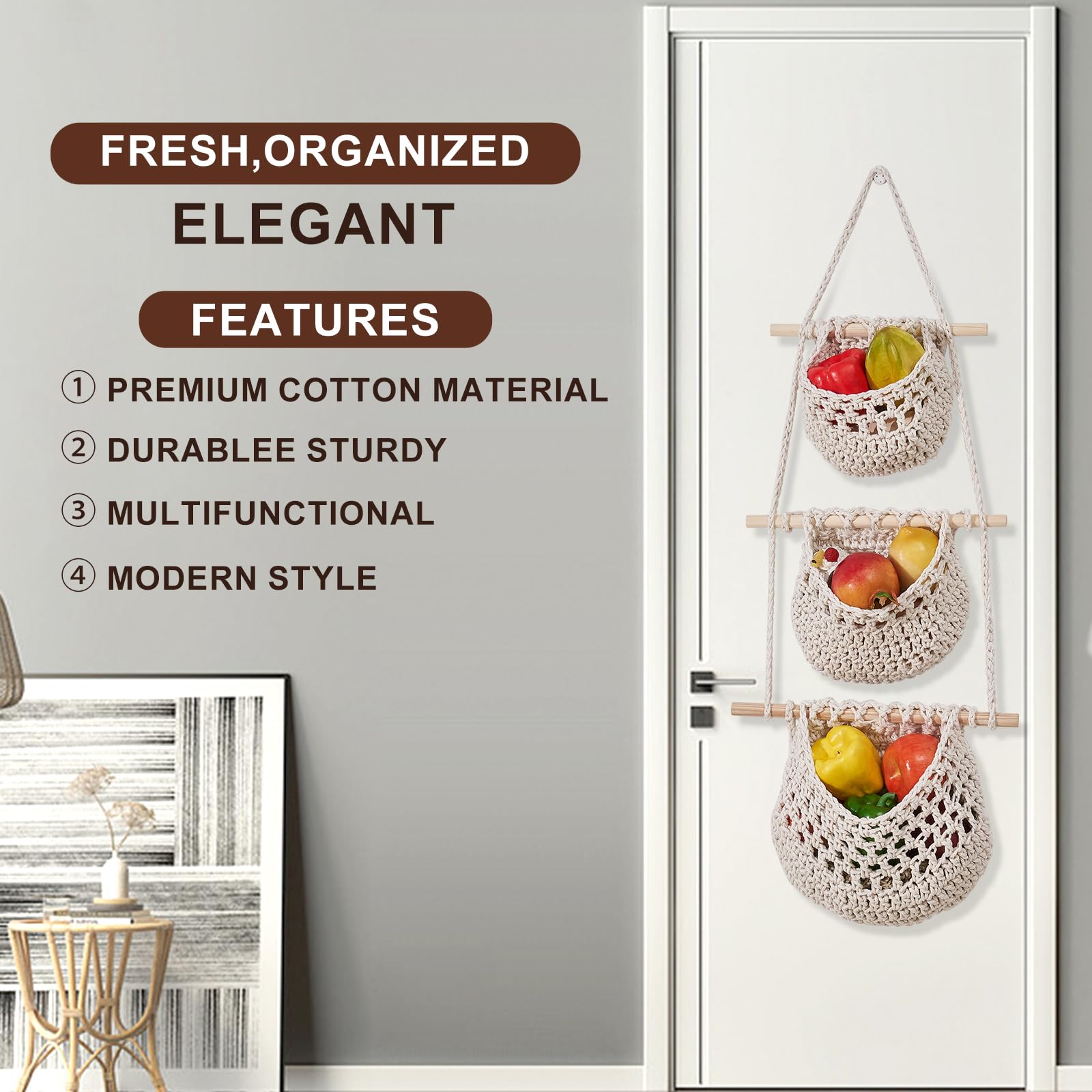 Cesto di Frutta da Appendere,Cestino da parete in corda di cotone intrecciata a mano a 3 strati,Cesto di Frutta Verdura Boho da Appendere,Appendino per Porta Cesto Decorativo per Cucina (Bianco)