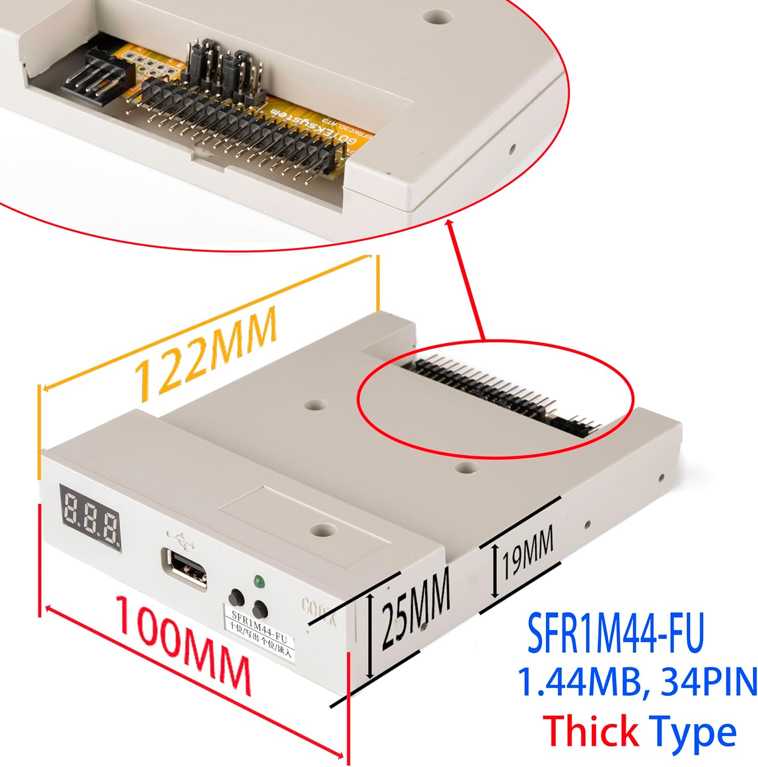 SFR1M44-FU Gotek Floppy to USB Drive Floppy Emulator for Tajima SWF Happy Brother Embroidery Machines, 1.44MB Capacity and 34 pins