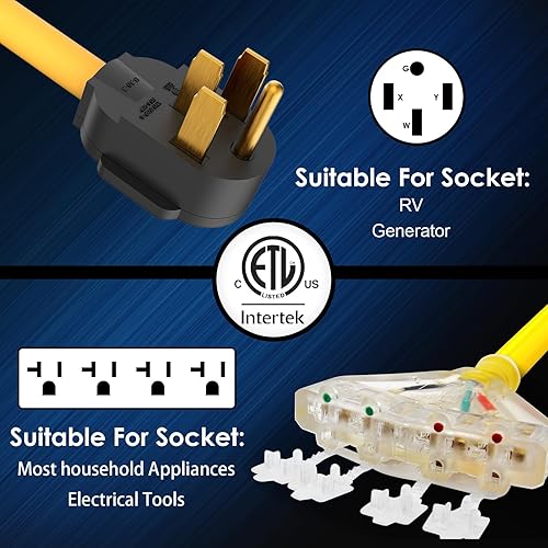 Vista 6 de Adaptador de 50 amperios a 20 amperios 110 Distribución RV NEMA 14-50P 4 clavijas macho a 4X 5-20R enchufe doméstico hembra con tapas de protección