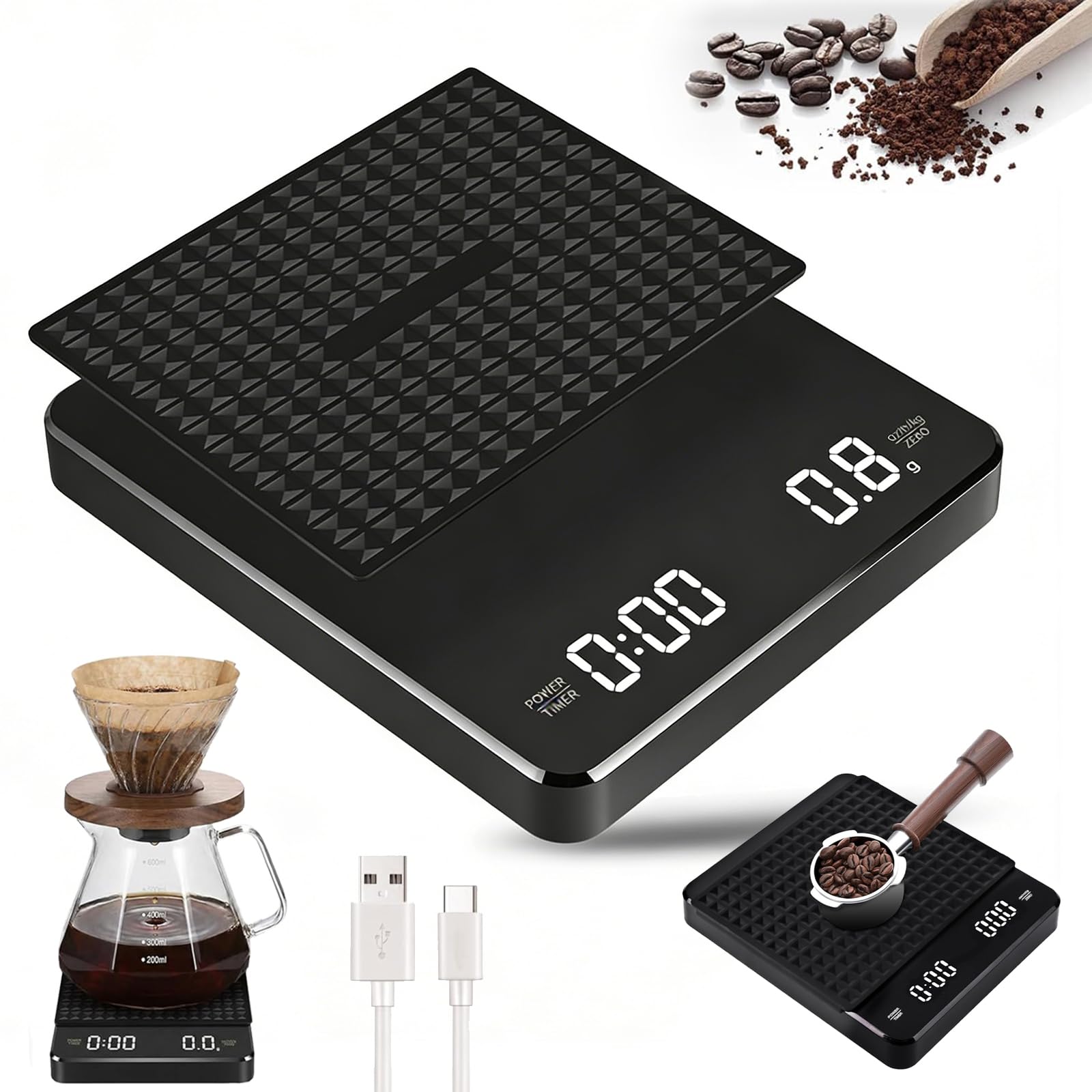 Digital Coffee Scale with Timer, 0.1g High Precision 3kg Espresso Scale, Rechargeable Coffee Weighing Scale with LED Display, Drip Coffee Scale for Pour Over, Barista Gift with Silicone Mat