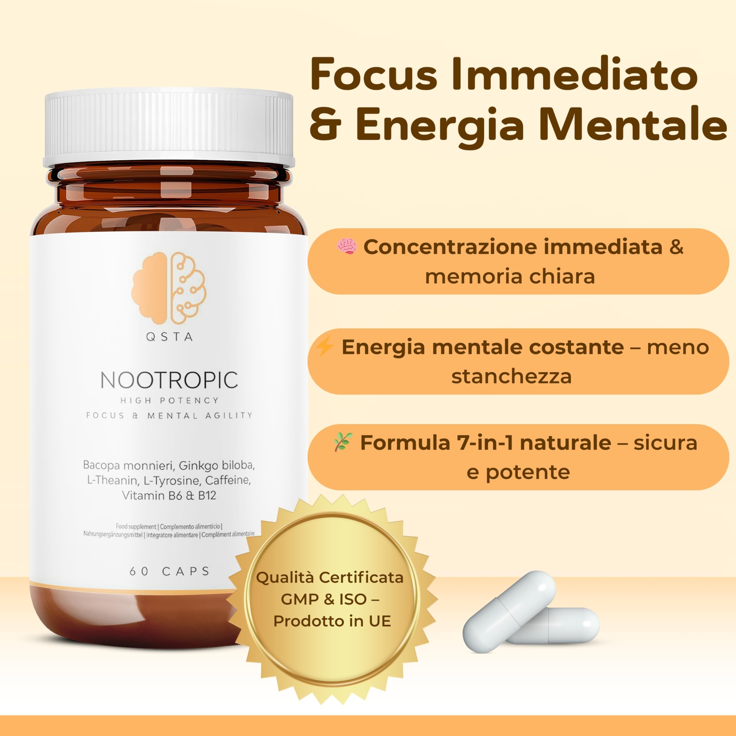 Nootropico – Integratore Memoria e Concentrazione con Bacopa Monnieri, Ginkgo Biloba, Tirosina, Teanina, Caffeina, Vitamine B6 e B12 – Integratore Studio Memoria e Focus Naturale – 60 Capsule