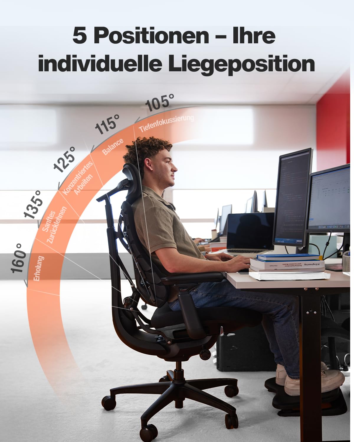 LiberNovo SE Ergonomischer Bürostuhl, Schreibtischstuhl mit manueller Lendenwirbelstütze, 5 Neigungspositionen, Computerstuhl für langes Sitzen, für Homeoffice, Büro und Gaming, Obsidian 48cm