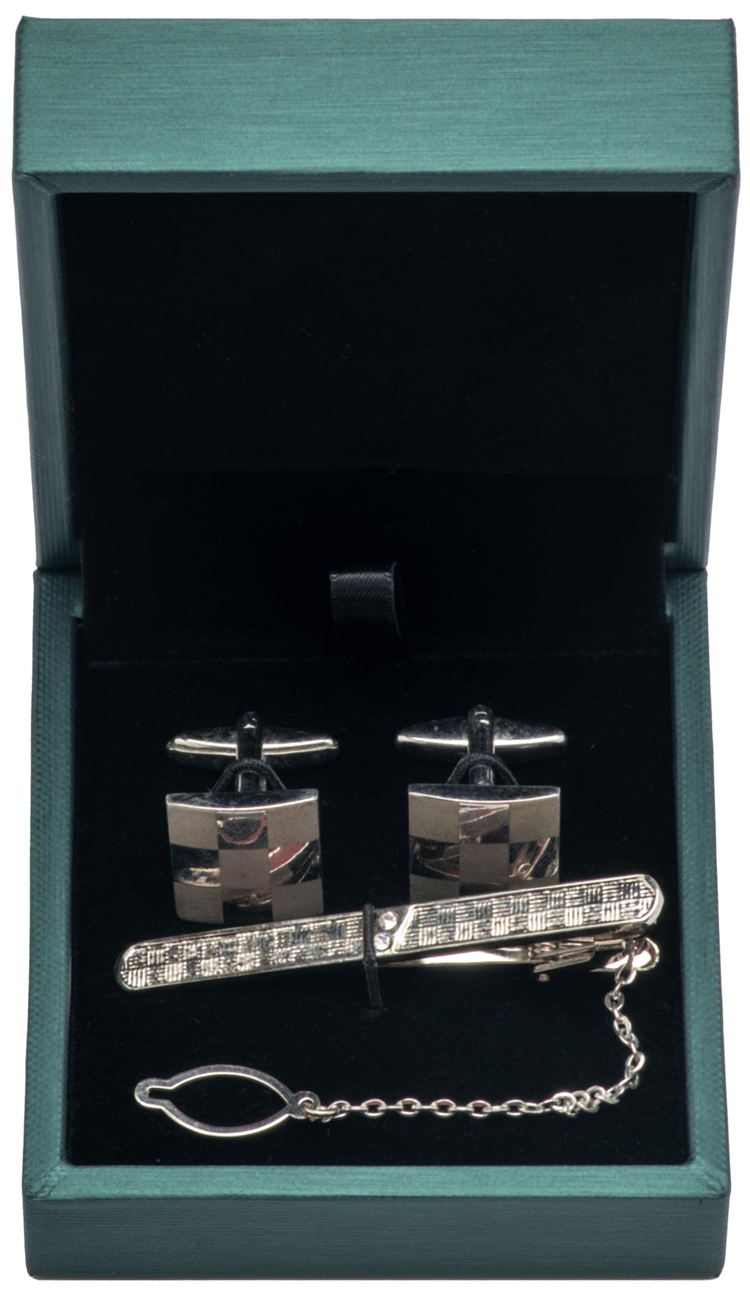Caja para gemelos de piel sintética con clip para corbata, caja de regalo para joyas, color verde
