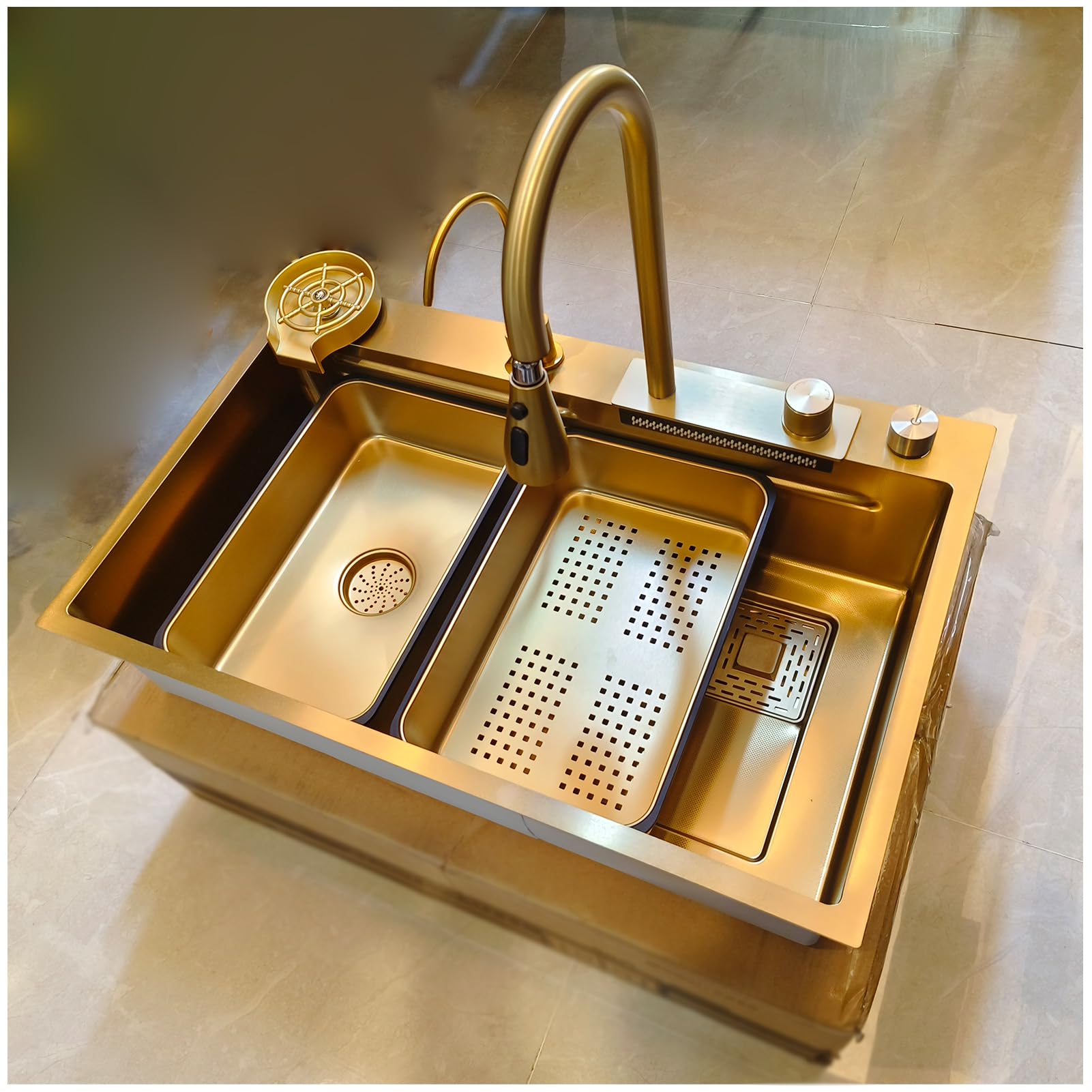 65 x 50 cm Gold Kitchen Sink, with Waterfall Tap, Kitchen Sink, Stainless Steel, Rectangular Installation from Top with Cup Washer, Removable Basin, Chopping Board