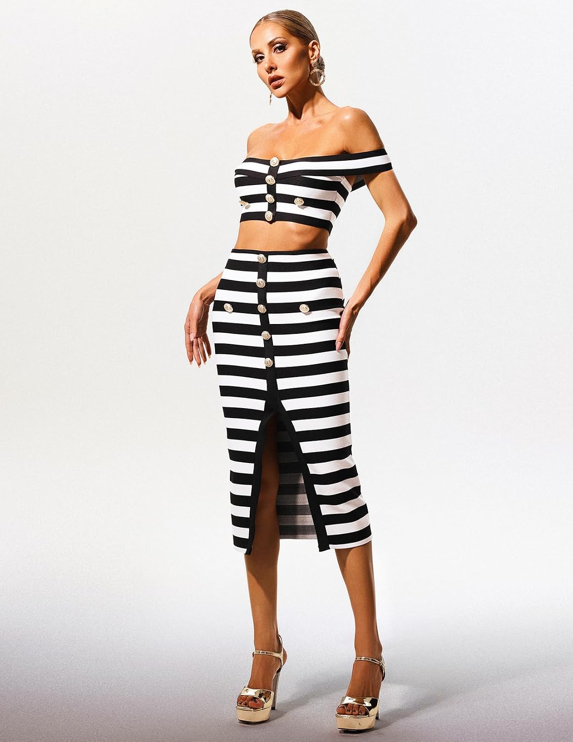 Floral Striped Knit Sleeveless Two Piece Skirt Set For Women Off Shoulder Mini Slit Skirt And Top Set For Women