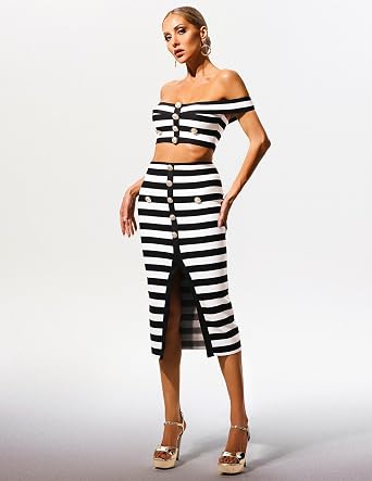 Striped Off Shoulder Midi Golden Bottons Two Piece Skirt Set for Women High Waisted Slit Skirt and Top Set for Women