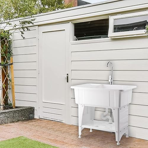 Miniatura 8 de VINGLI Amplio fregadero blanco para lavandería, estación de lavado de garaje, fregadero inclinado, fregadero independiente con grifo de acero