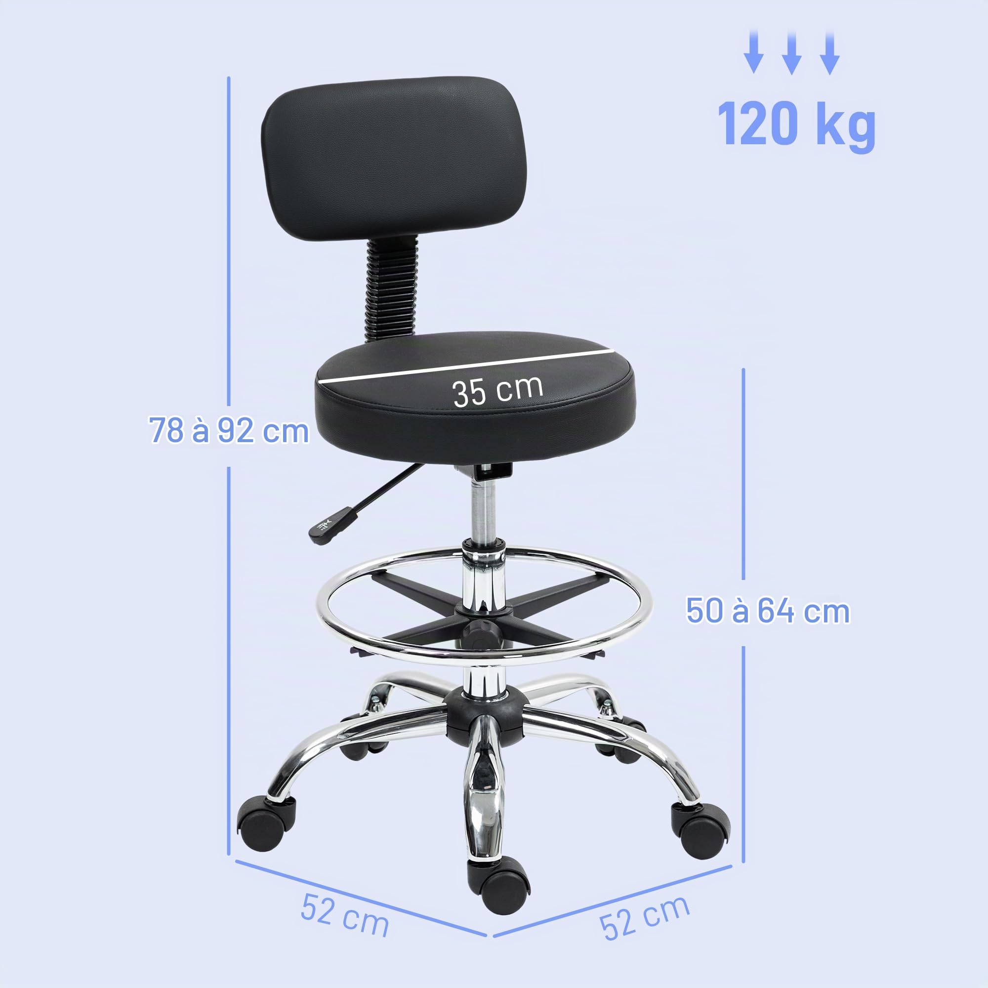 HOMCOM Chaise de Bureau Ergonomique Dossier Réglable Repose-Pieds Noir | Chaise de Dessin Sans Accoudoirs, Hauteur Ajustable, Pivotante à 360°, Tabouret Bureau