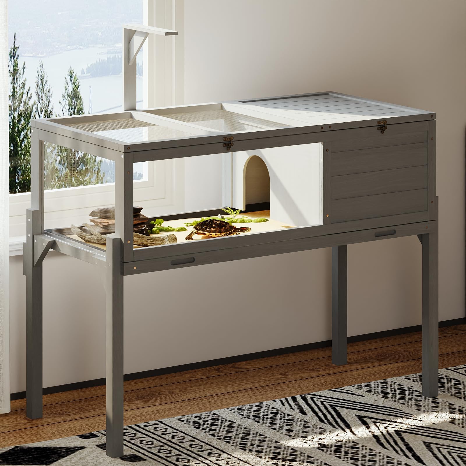 Tortoise Habitat Indoor/Outdoor with Detachable Legs, Wooden Tortoise House Turtle Cage for Small Animals, Tortoise Enclosure Turtle Habitat with Lamp Holder