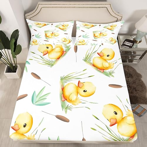 Erosebridal Little Yellow Duck - Juego de ropa de cama de dibujos animados para niños, lindo animal de mascotas que nadan en hojas de junco, sábana