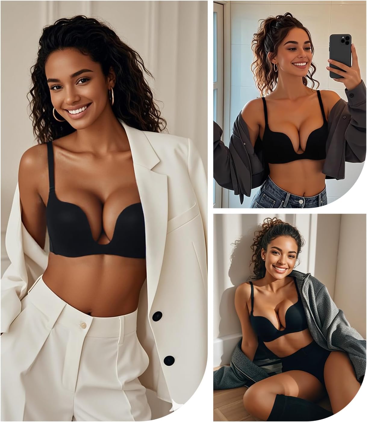 Women's Push Up Wireless Bra Add 2 Cups Padded Plunge No Underwire T Shirt Bras - Image 3