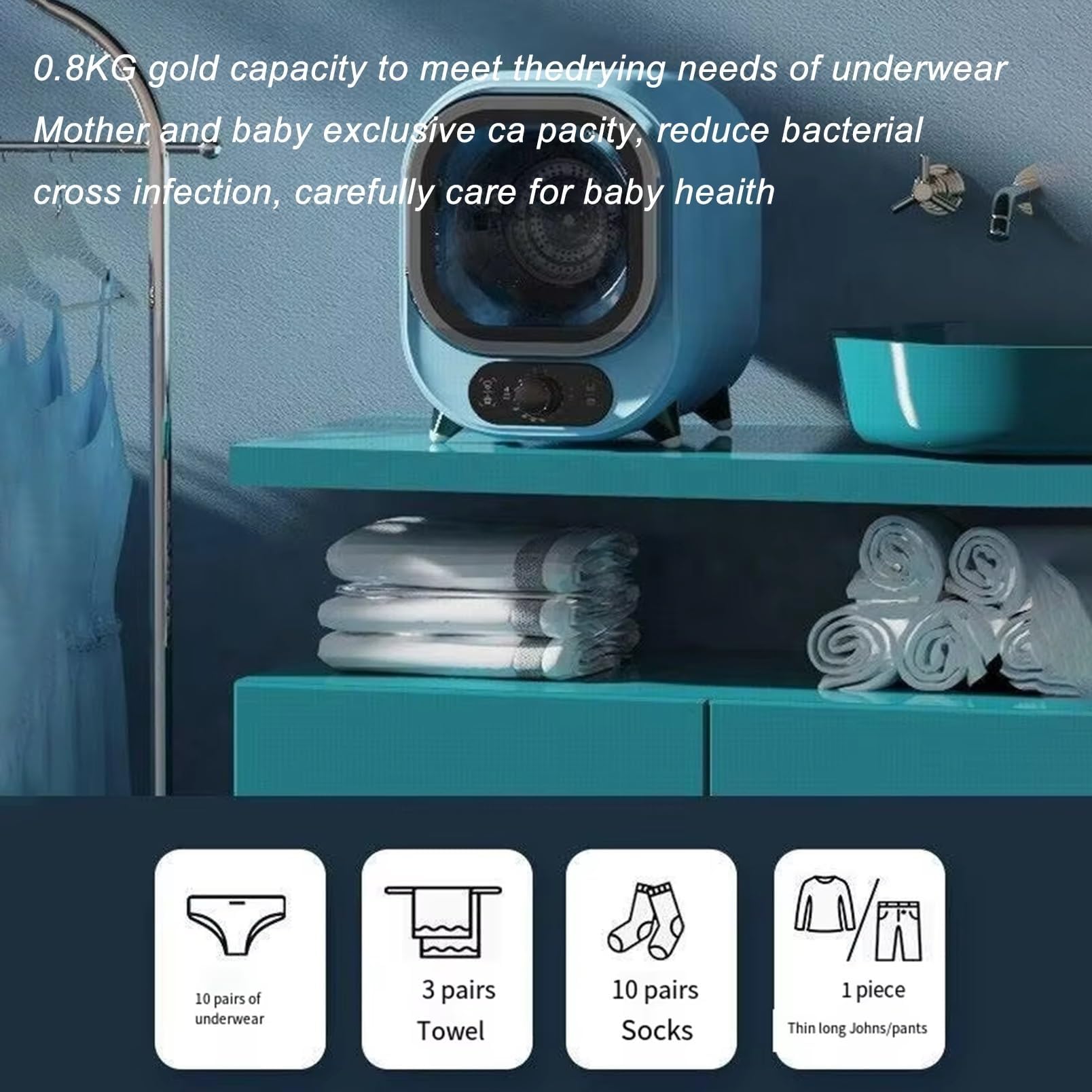 Secadora De Condensación Pequeña, Secador De Ropa De Condensador Portátil, Con 2 Modos De Secado Y Temporizador, Con Capacidad De Carga De 0,8 Kg, Para El Hogar, Apartamentos(Blue)