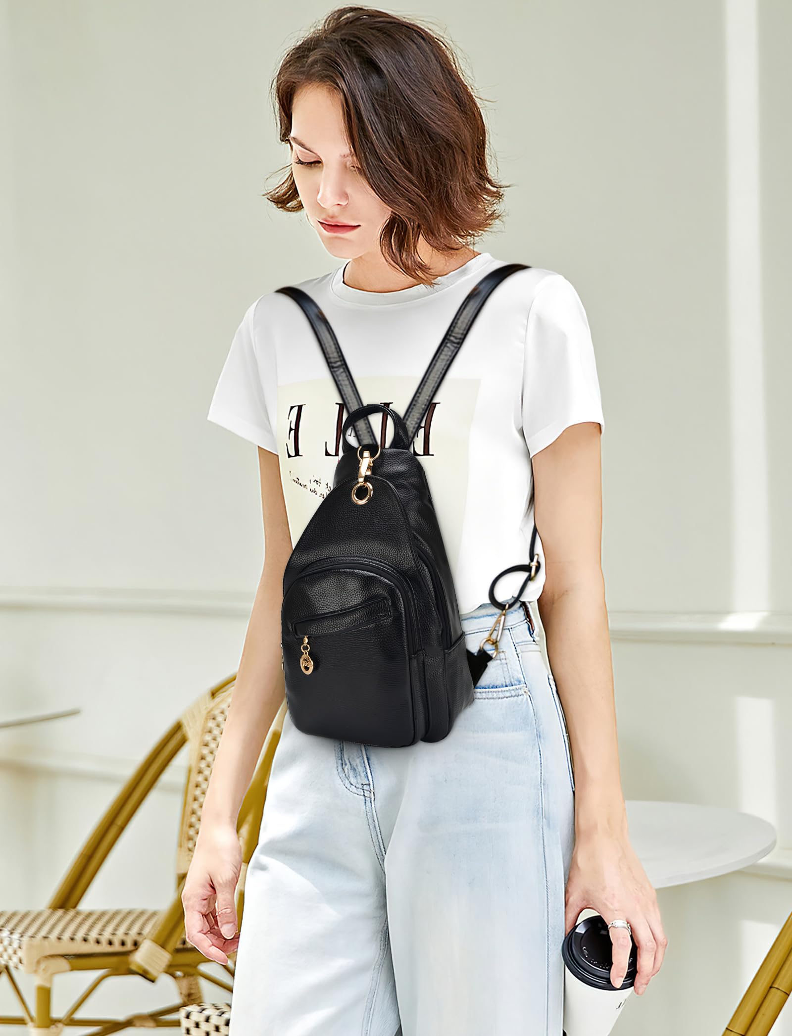 DIRRONA Mochila Mujer Moda Bolsa de Pecho de Mujer Casual Alta Capacidad Bolsas de Hombro Suave de PU Pequeña Impermeable Señora Anti Robo Múltiples Bolsillos Bolsa de Pecho Negro