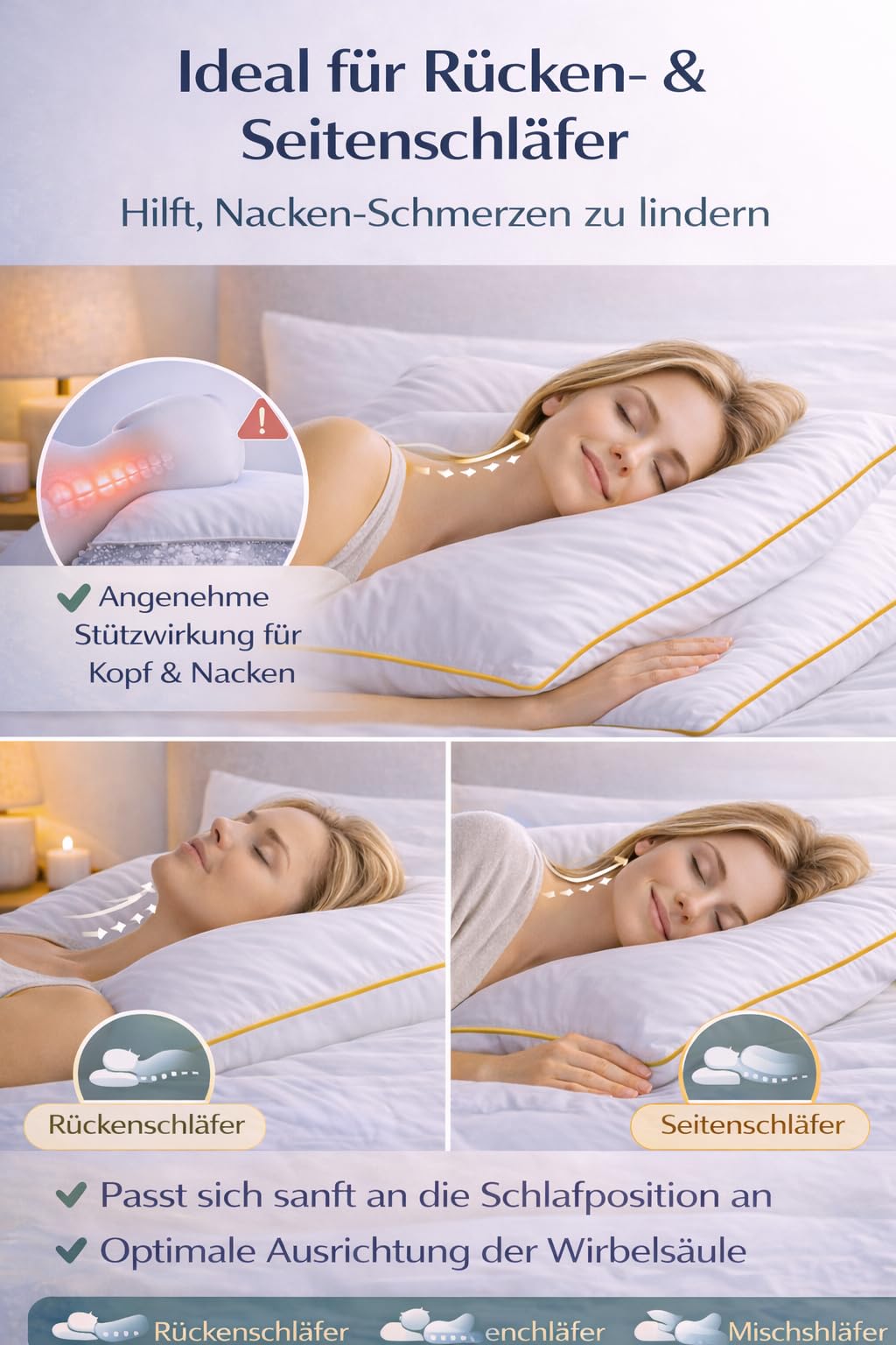 ELY PARKER Kissen Kopfkissen gegen Nackenschmerzen Gold Nano Gel Hotel Qualität 50x70 Allergikergeeignet Daunen Alternative 100% Baumwolle Waschbar (2er)