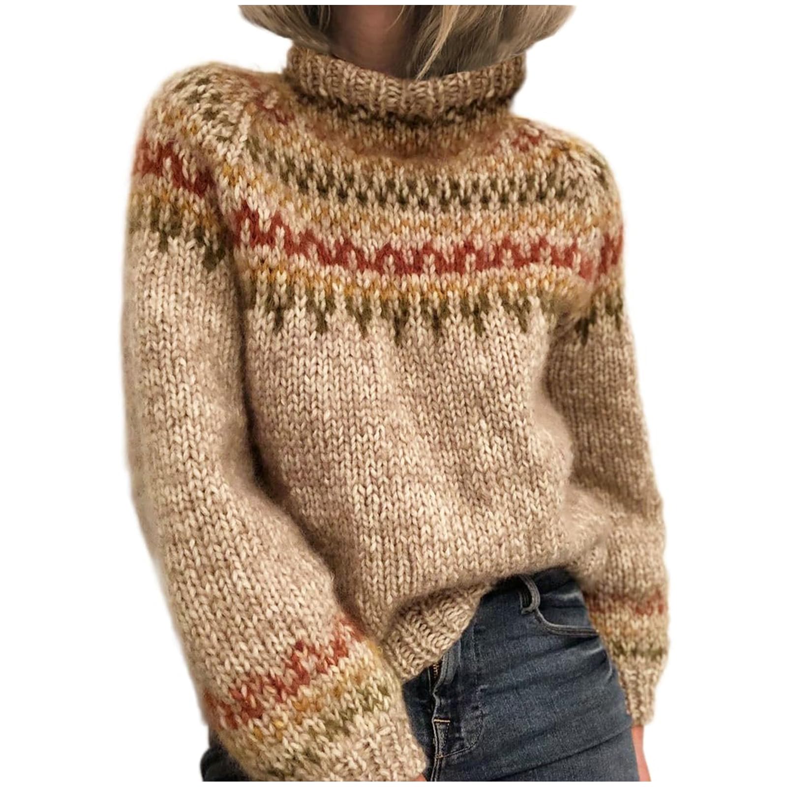 Womens Vintage Sweater Knitted Fair Isle Print Retro Sweater Winter Fall Stripes Casual Loose Pullover Jumpers