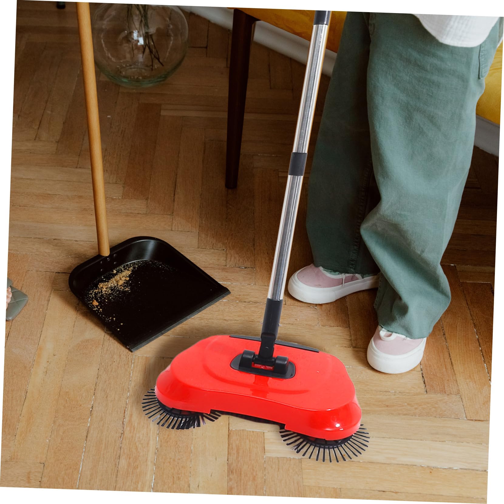 Barredora Manual con Cubo de Basura y Mop Rotativo Escoba para Limpieza de de Abs y Acero Inoxidable Ajustable y Rotativa para Pisos Duros Rojo