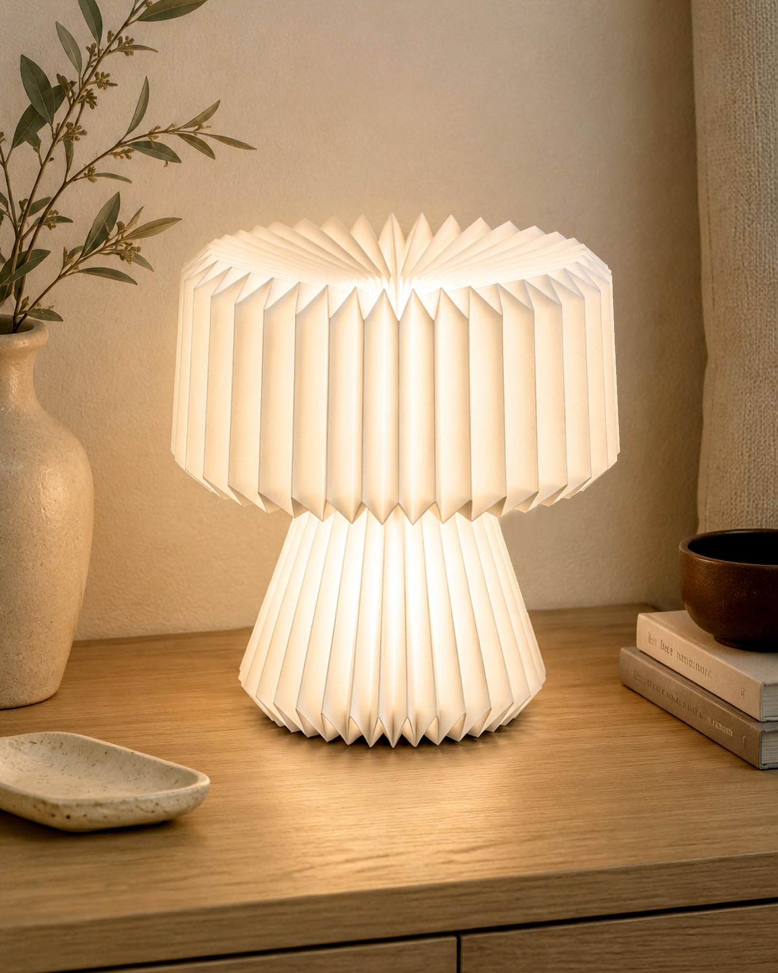 Twilight Modern Origami LED Table Lamp, Foldable Bedside Night Lamp with Warm White Light, Minimalist Japanese Decorative Desk Light for Bedroom, Living Room & Office (Drum White)-image-18