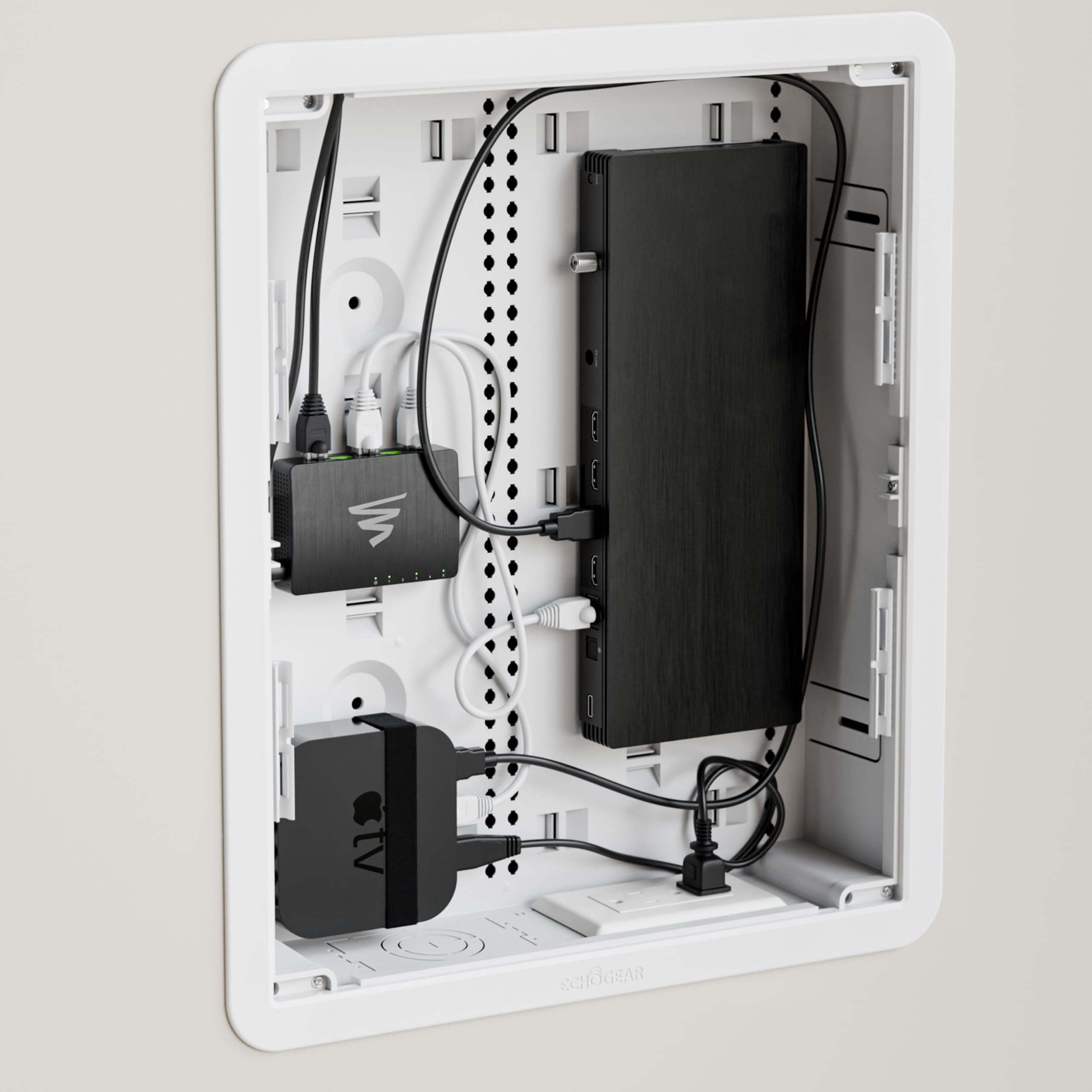 On-Q Legrand ENP1705NAV1 - Recinto Multimedia de 17 Pulgadas, Organizador de Cables de Pared, Panel de Red doméstica de Doble propósito para Almacenamiento de Dispositivos, Caja Multimedia, Blanco,