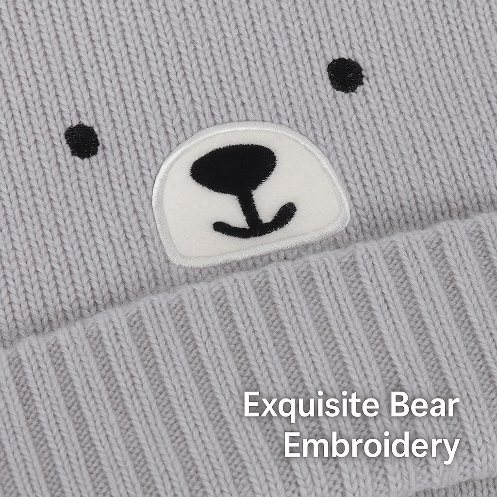 Baby Cute Bear Beanie with Pompom, Infant Toddler Warm Knitted Hats Winter Cap for Boys Girls - Image 4
