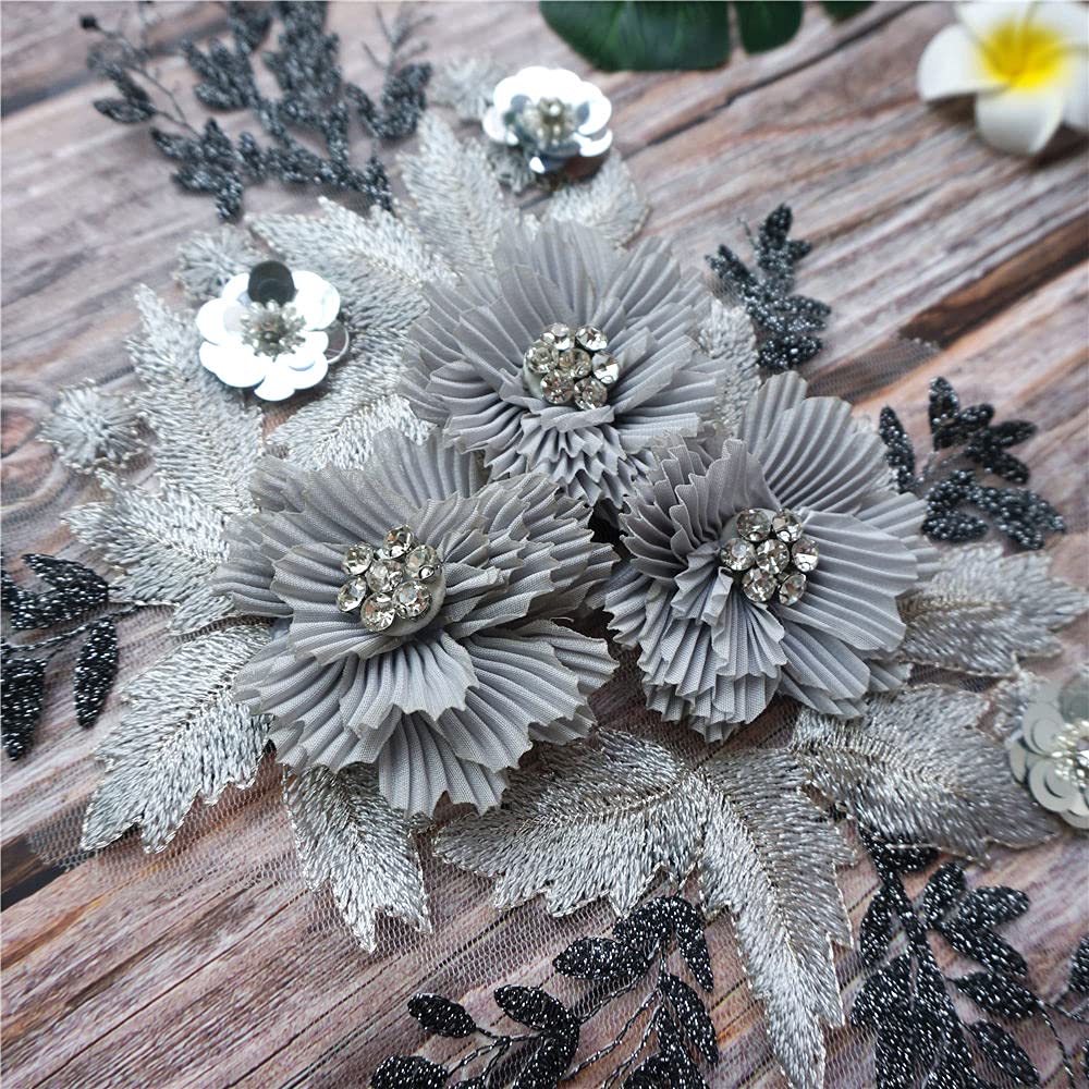 Koronkowe naszywki haftowane, Haftowana aplikacja Szary kwiat 3D Rhinestone Koronkowa tapicerka ślubna