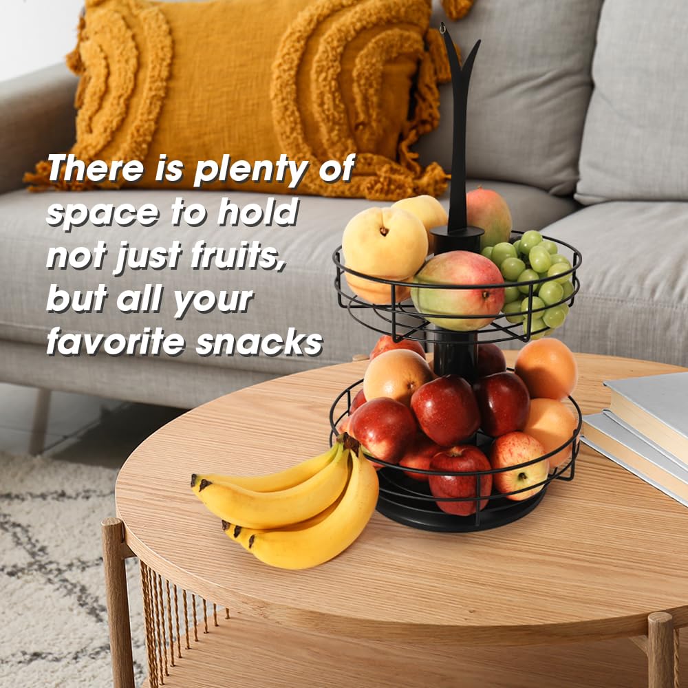 J JACKCUBE DESIGN Corbeille à fruits rotative à 2 niveaux pour comptoir de cuisine Panier à fruits et légumes avec support crochet banane (noir) – MK1313A