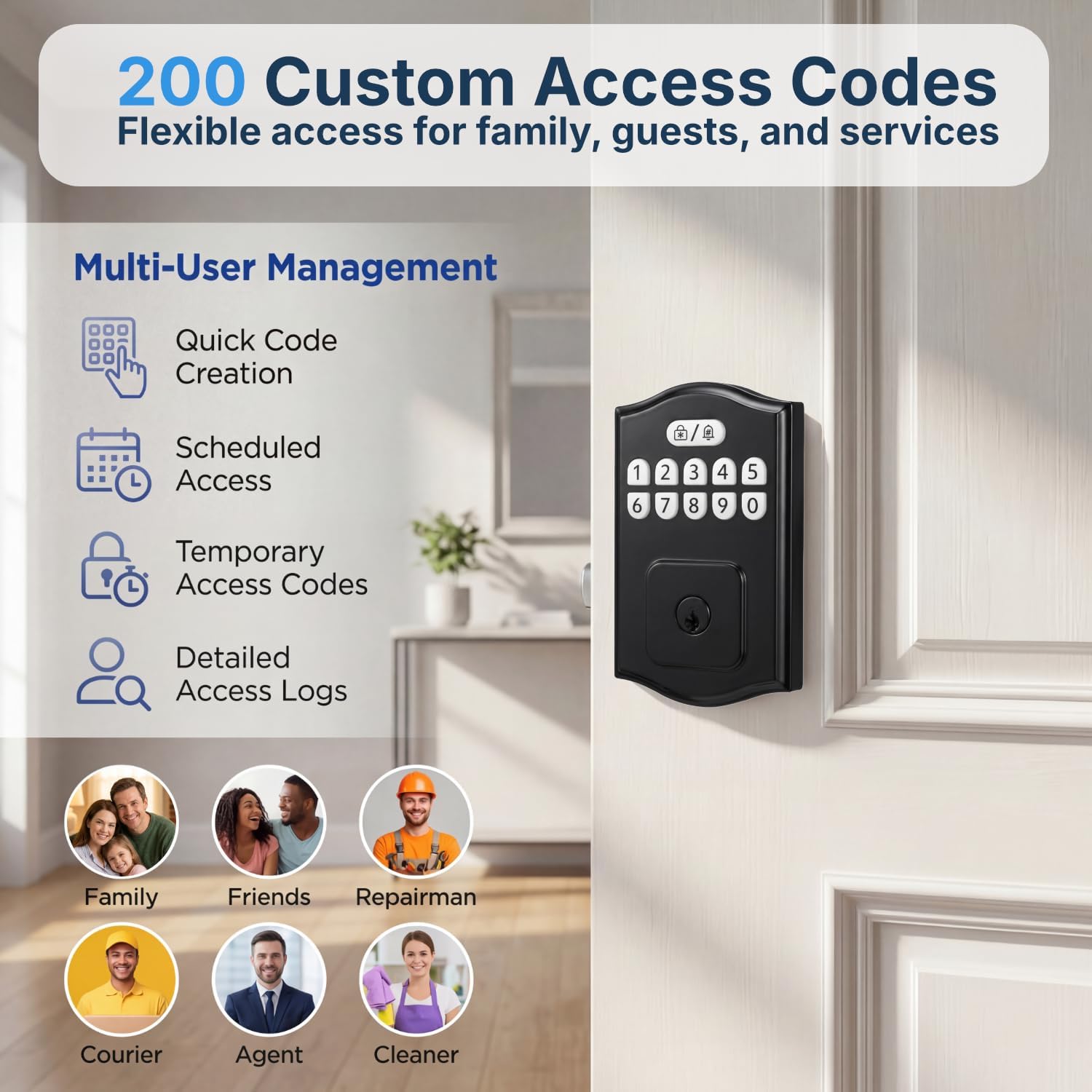 Keyless Entry Door Lock, Smart Deadbolt with Keypad, Electronic Deadbolt with 200 User Codes & 4 Backup Keys, Auto-Lock Smart Door Lock for Front Door, Easy DIY Installation