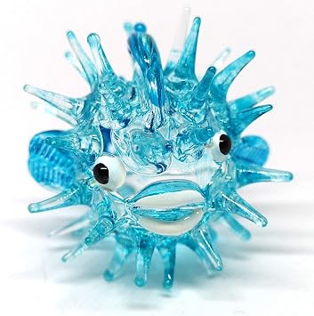 Handmade Blue Puffer Fish Collectible Glass Figurine Miniature Sea Life Decor Sculpture 1.5 Inch
