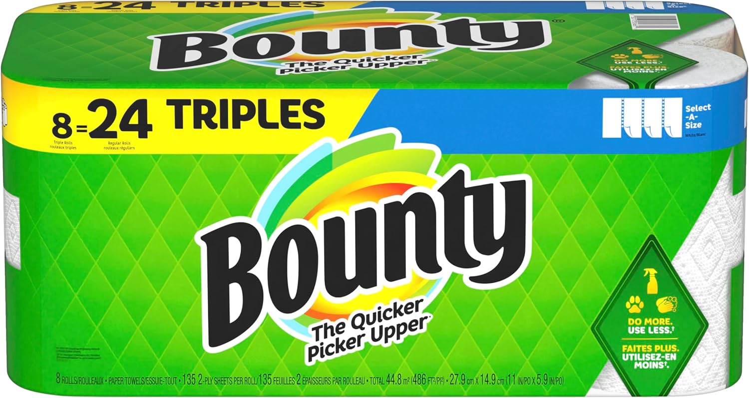 Bounty Select-A-Size Paper Towels, 8 Triple Rolls, White, 135 Sheets Per Roll