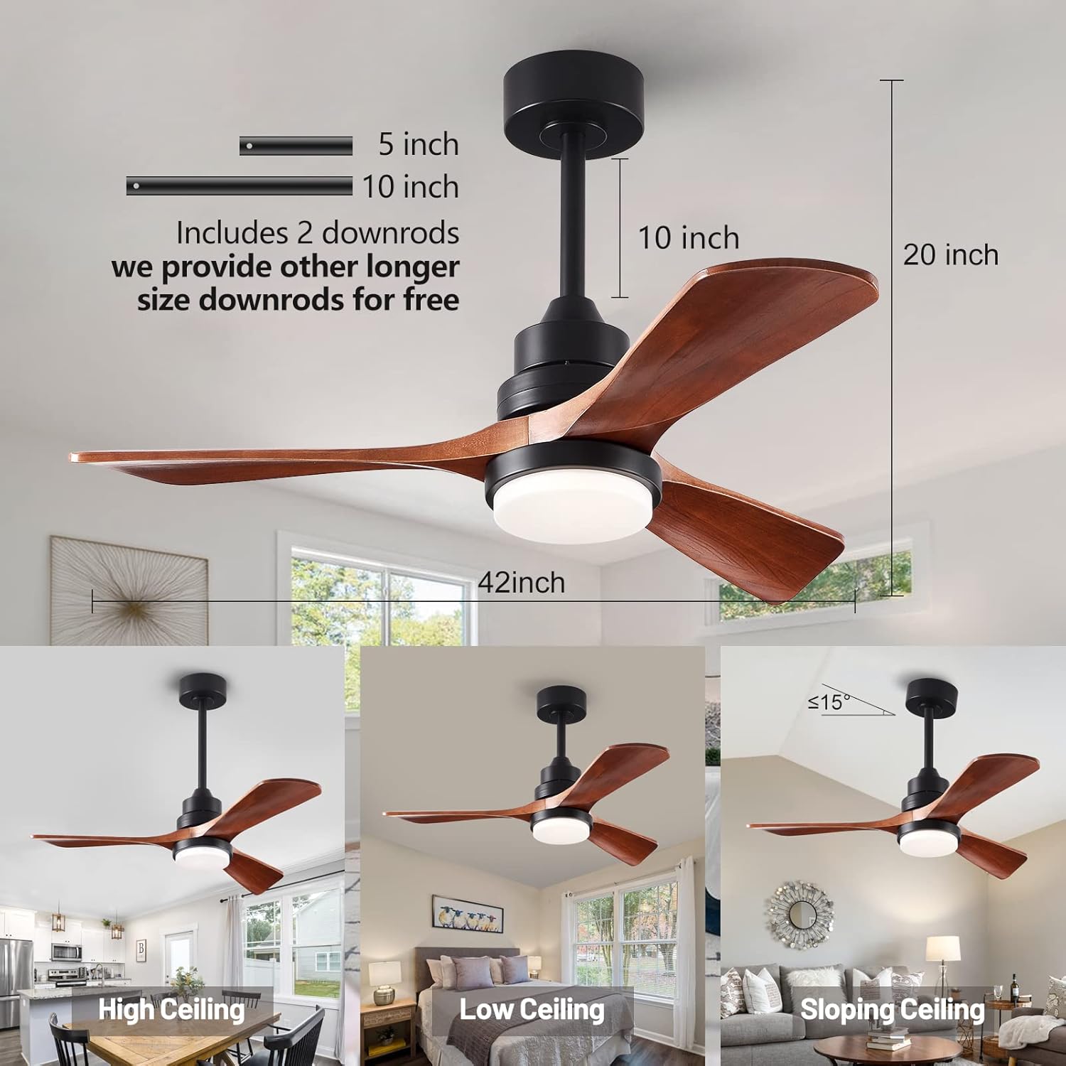 42 inch Wood Ceiling Fans with Lights and Remote, Upgraded Dimmable, Quiet Reversible DC Motor, 3 Blades 6 Speeds Black Ceiling Fan for Farmhouse Living Room Bedroom Dining Room Workroom Study