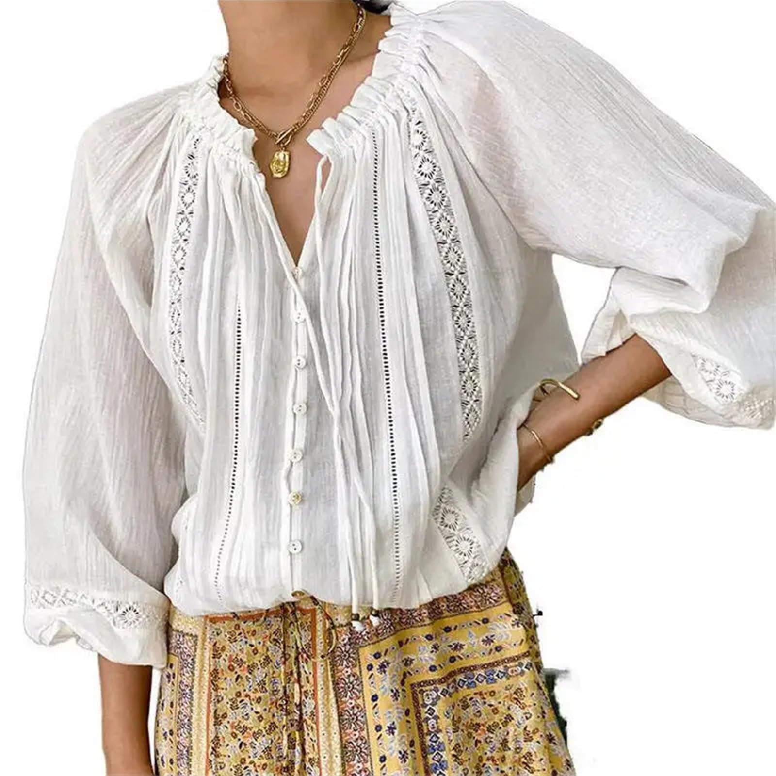 Copricostume Donna Camicia Bianca Casual Ampia da Donna | Con scollo a V e maniche a sbuffo(M)