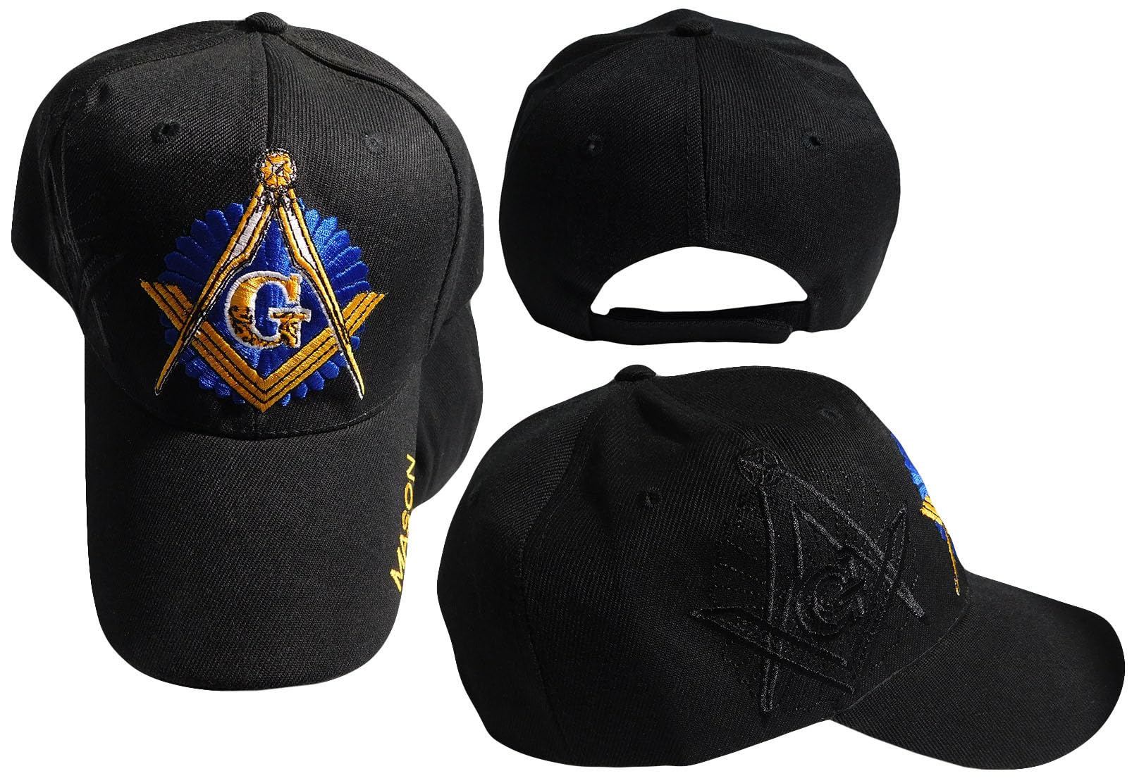 Trade Winds Mason Masonic Black & Black Shadow Dark Blue Emblem Cotton Adjustable Embroidered Cap Hat, 7 3/4