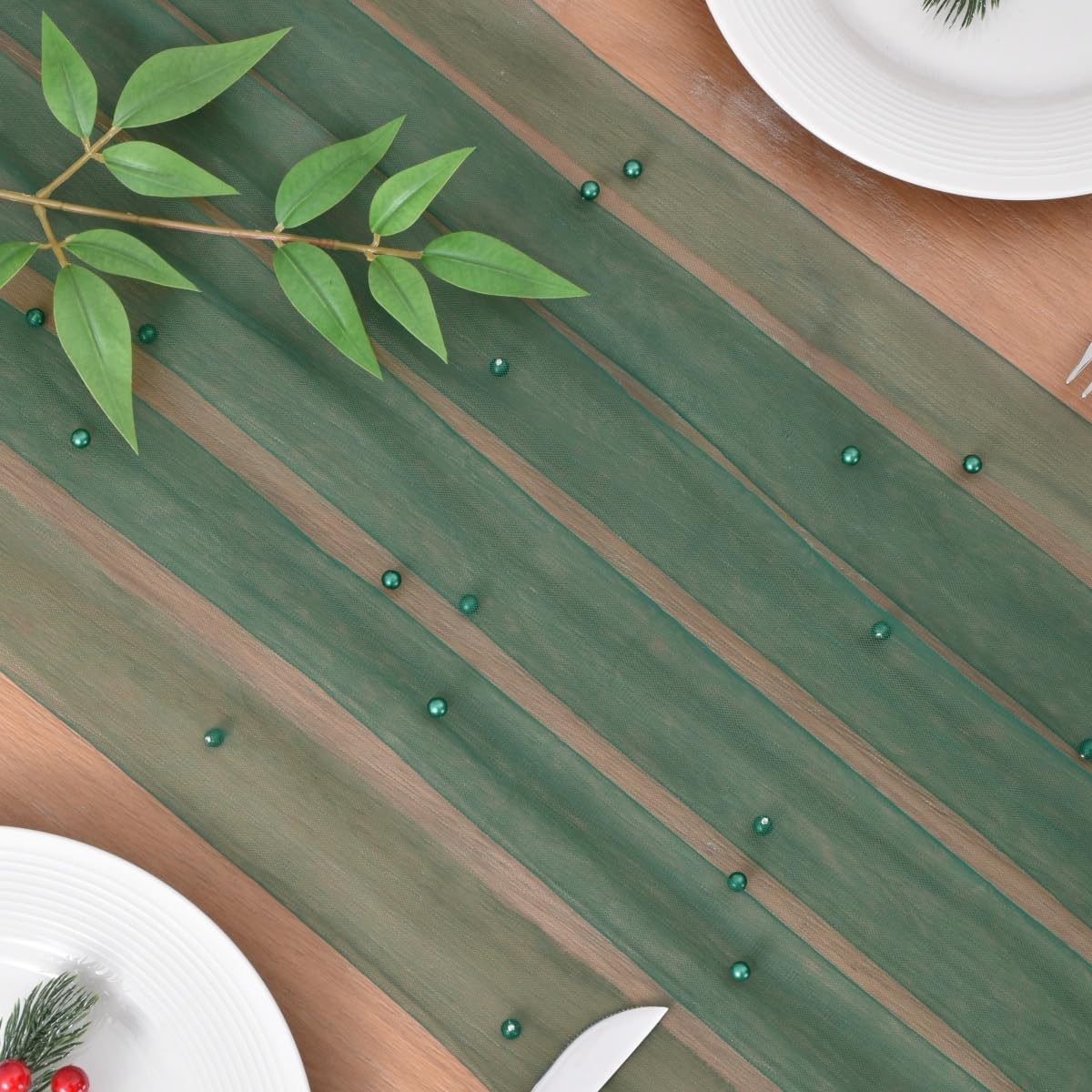 Joanlody Pearl Table Runner Easter 10ft Rustic Boho Tulle Spring Summer Runner with Pearls for Baby Shower Wedding Party Veil Dessert Table Decor Emerald Green