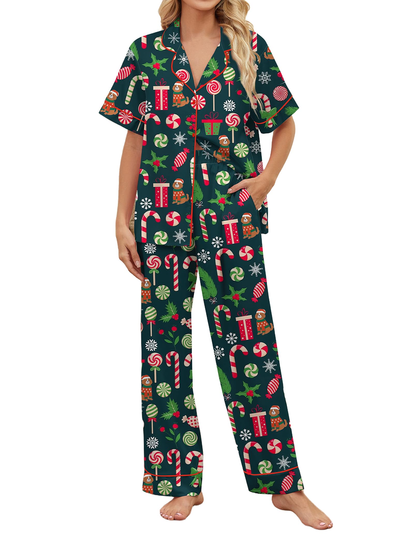 SHESHOW Satin Pajamas for Women Set Button Down Sleepwear Print Pjs Set 2 Piece Short Sleeve Long Loungewear Size XS-XXL