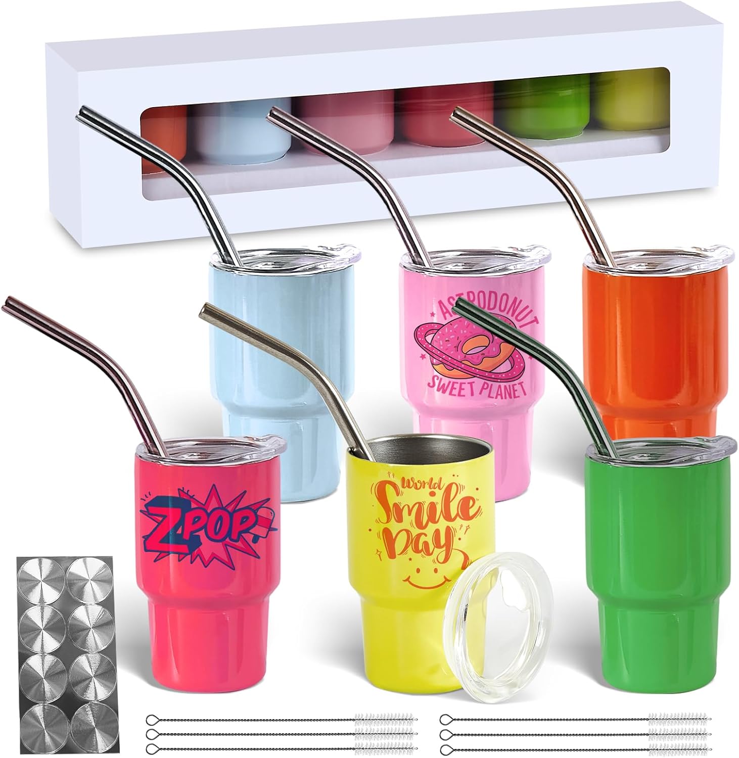 BetterSub 6 Packs Mix Color 3oz sublimation shot glasses wine tumbler, Double Wall Insulated Sublimation Mini Tumblers, Stainless Steel Sublimation Cups with Lid and Straw for Party, Bar