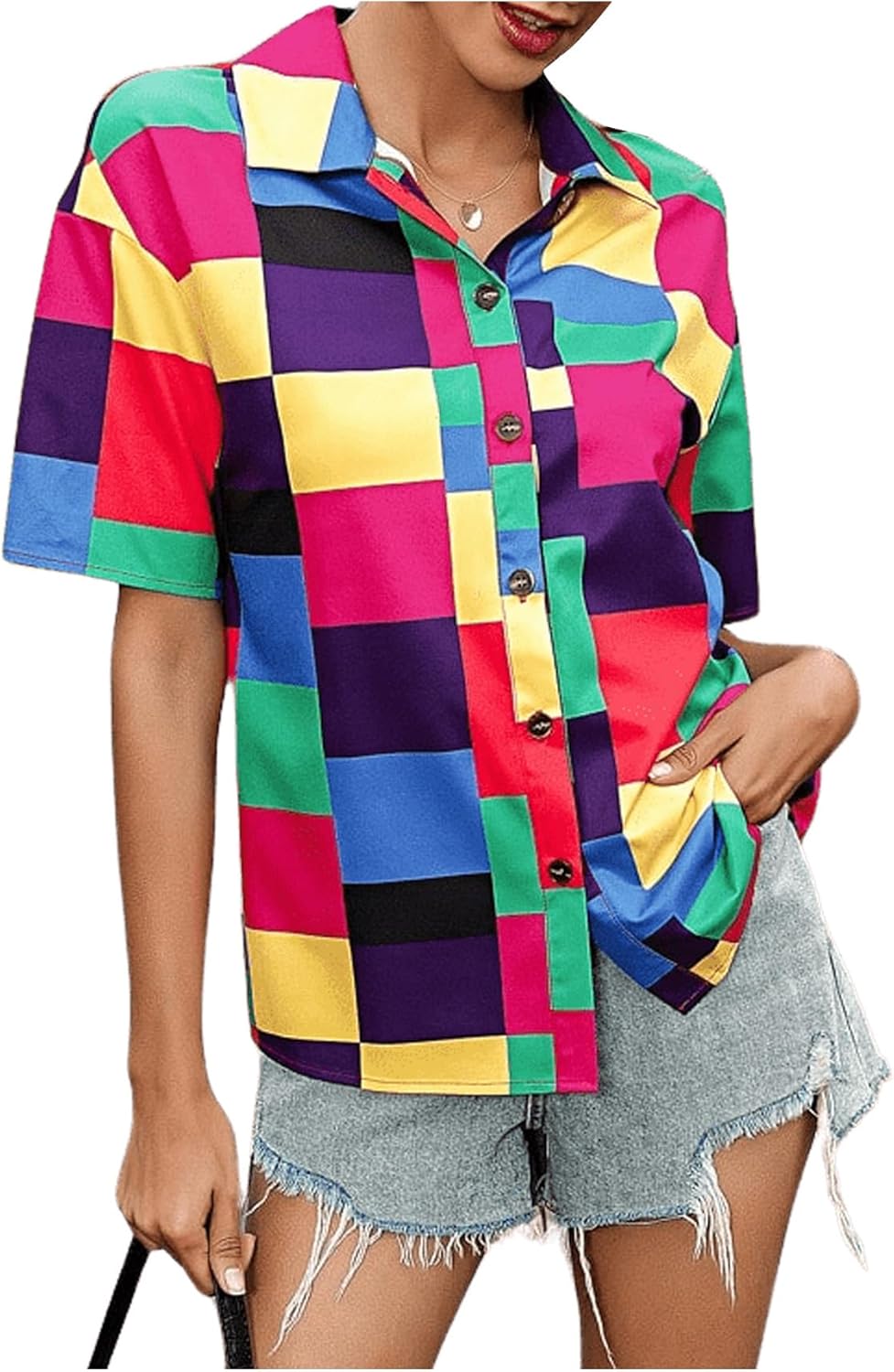 Milumia Women Color Block Button Down Shirts Short Sleeve 80s Blouse Top