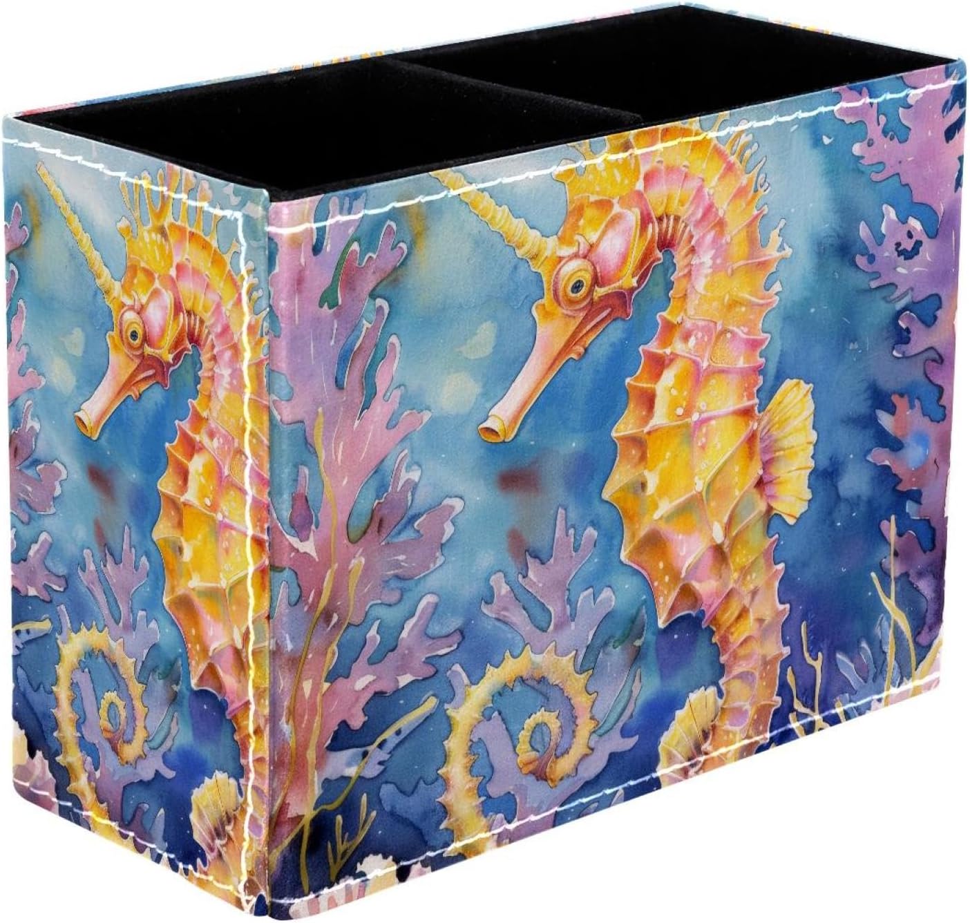 Watercolor Seahorse Pencil Pen Holder Cup, Desk Accessories Holder, Makeup Brush Storage Organizer, PU Leather Desktop Stationery Organizer for Office School Home Supplies