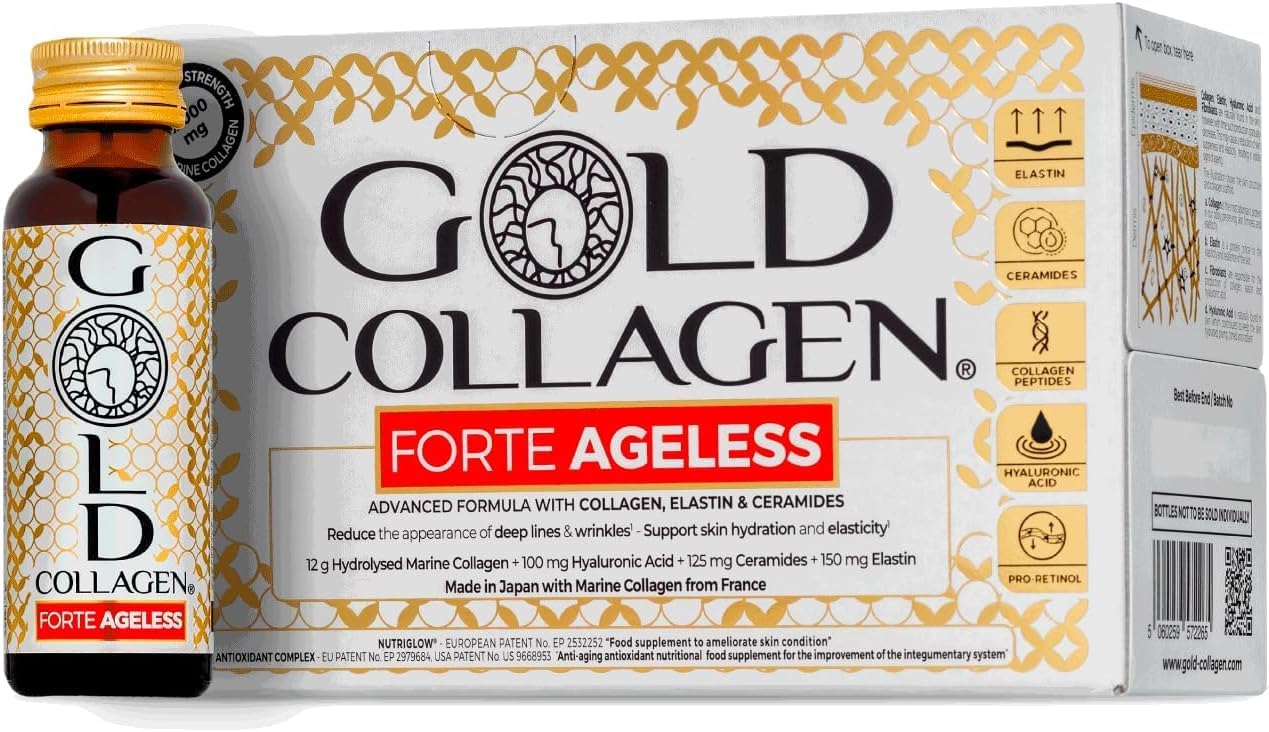 GOLD COLLAGEN Forte Ageless - Anti Wrinkle Collagen Supplements for Women & Men with Vitamin C, Biotin, Hyaluronic Acid, Marine Collagen - Deep Lines Reduction, Antioxidant & Plumping, 1 Pack 10x50 ml