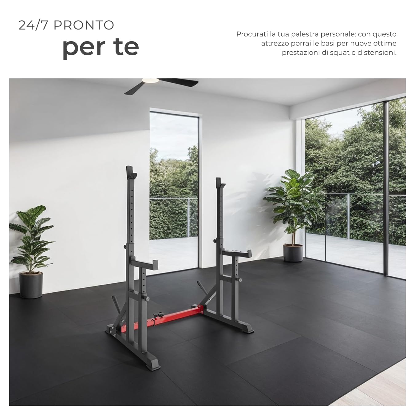 tectake® Squat Rack, Regolabile in Altezza e Larghezza, Supporti Bilanciere Superiori e Laterali con Gomma, In Acciaio, Supporti per Dischi, Cappucci Antigraffio, Diverse Dimensioni