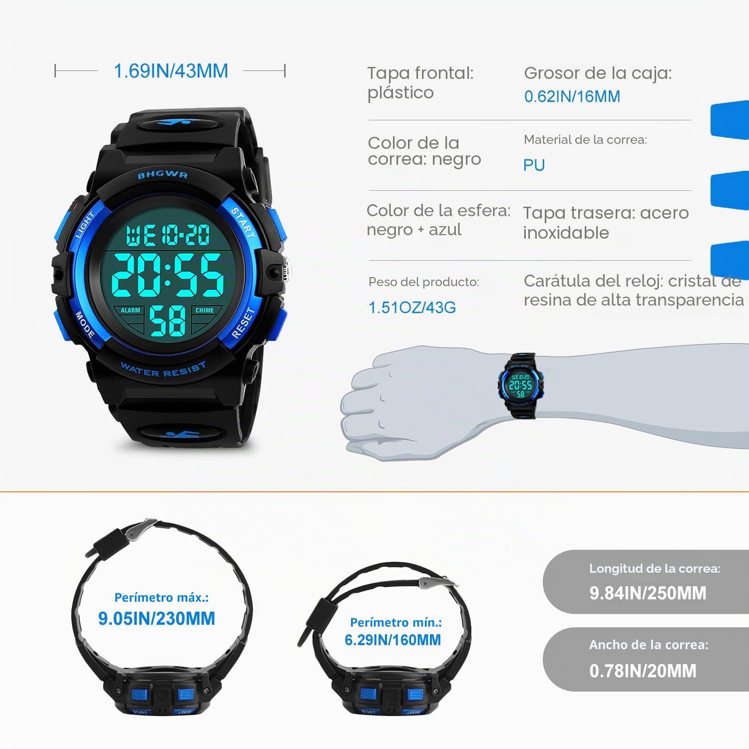 Relojes para niños, Relojes Deportivos para niños, 5 Relojes a Prueba de Agua con Alarma/Temporizador/luz, Reloj Azul para niño