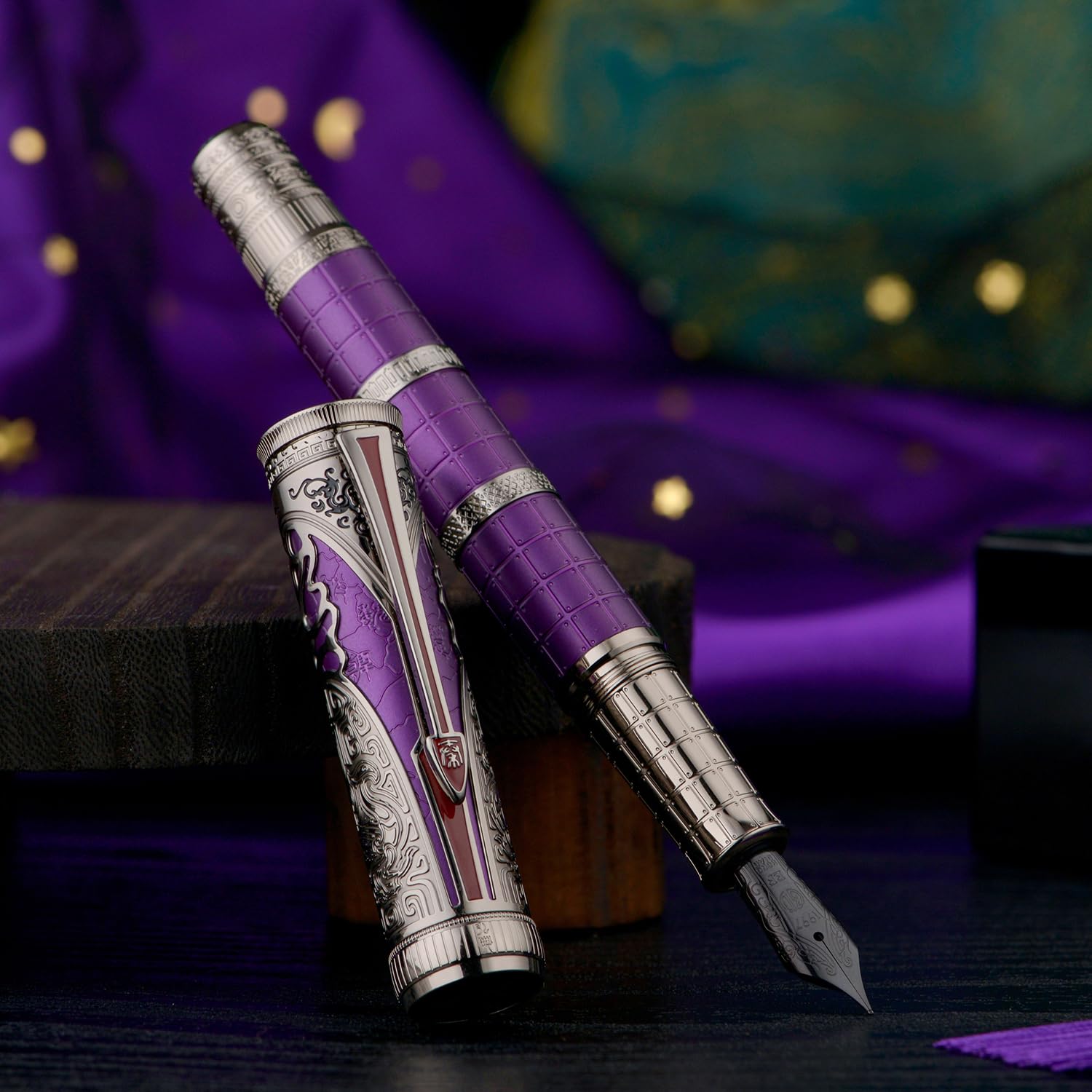 Hongdian D5X Fountain Pen Purple Color Fine Nib, Qin Dynasty Retro Chinese Totem Engraving Smooth Writing Pen with Converter and Pen Box Set - Image 4
