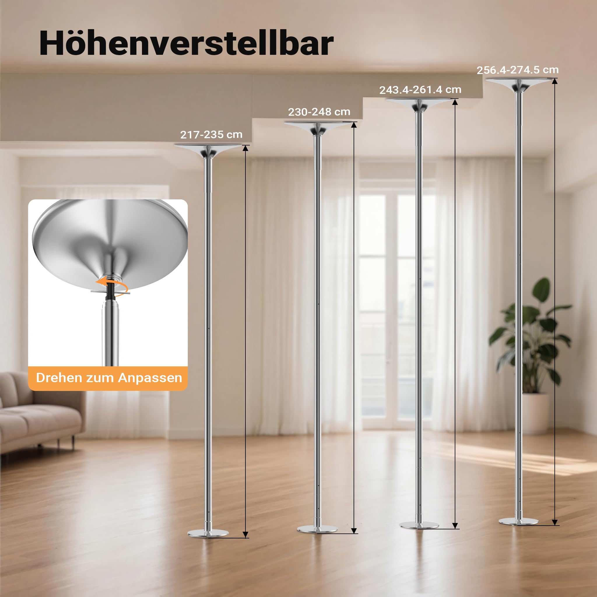 WilTec Pole Dance/Barre de Danse Verticale - Ø 45 mm - Hauteur réglable 2,31-2,74 m - Fabrication en Acier - Montage sans Forage - Entraînement Musculation Sport Endurance GoGo