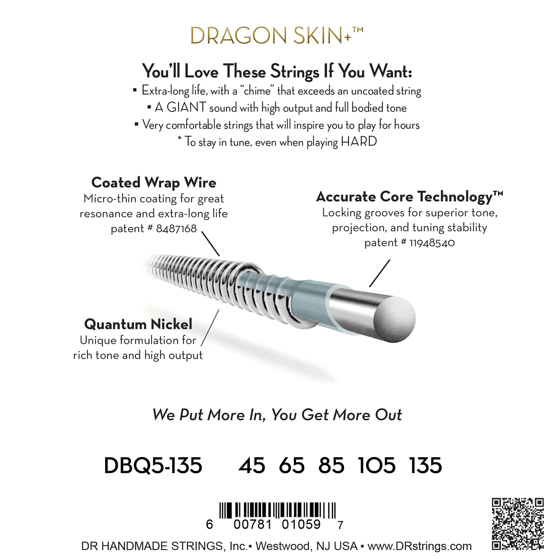 DR Dragon Skin+ Quantum Nickel Bass-Saiten – 5-Saiter 45–135 – Beschichtet, klarer Ton, lange Lebensdauer