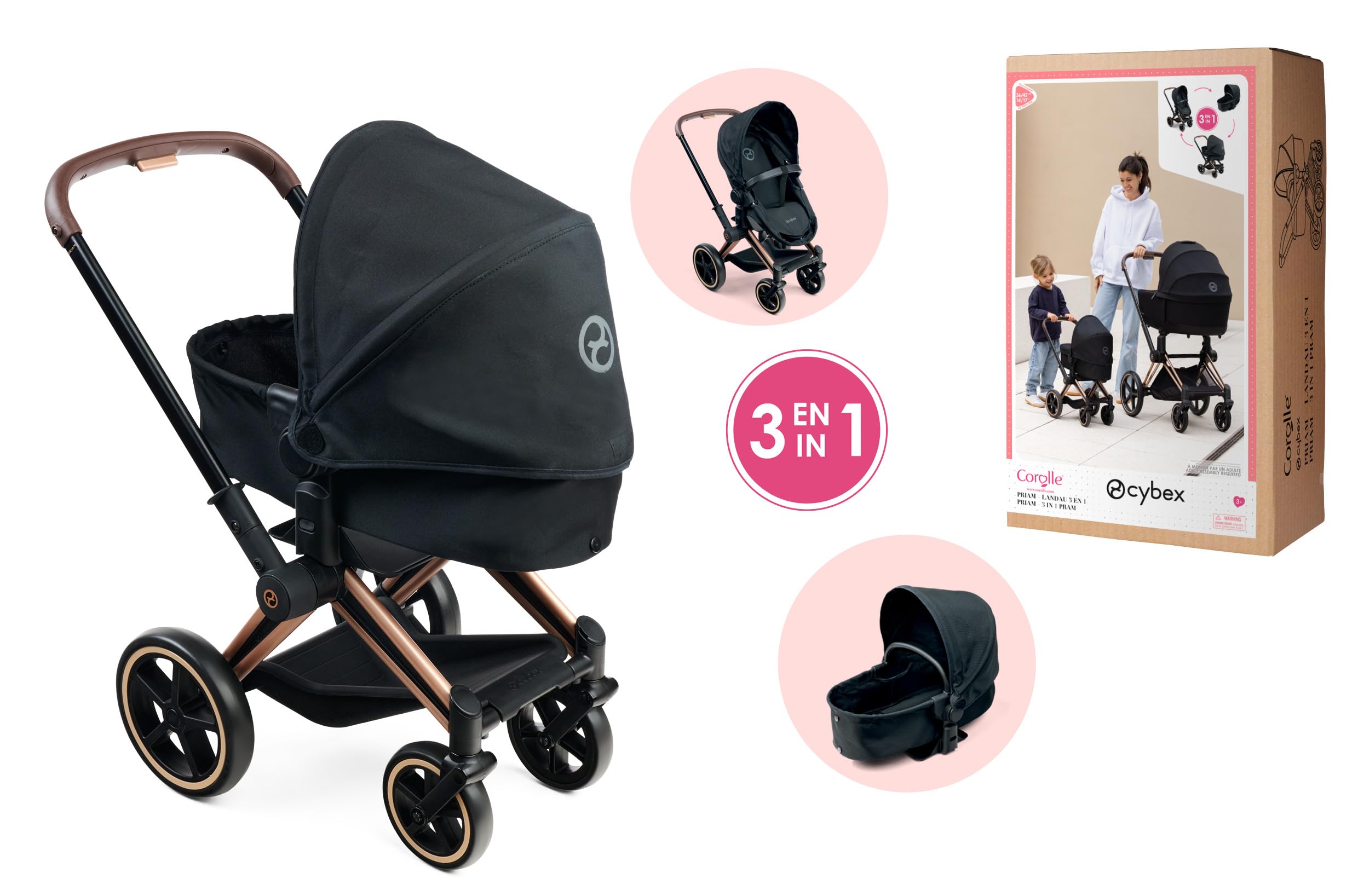 Corolle - 9000141870 - Wózek dziecięcy 3 w 1 Cybex, czarny, akcesoria, dla ośmiornic 36 i 42 cm, od 3 lat