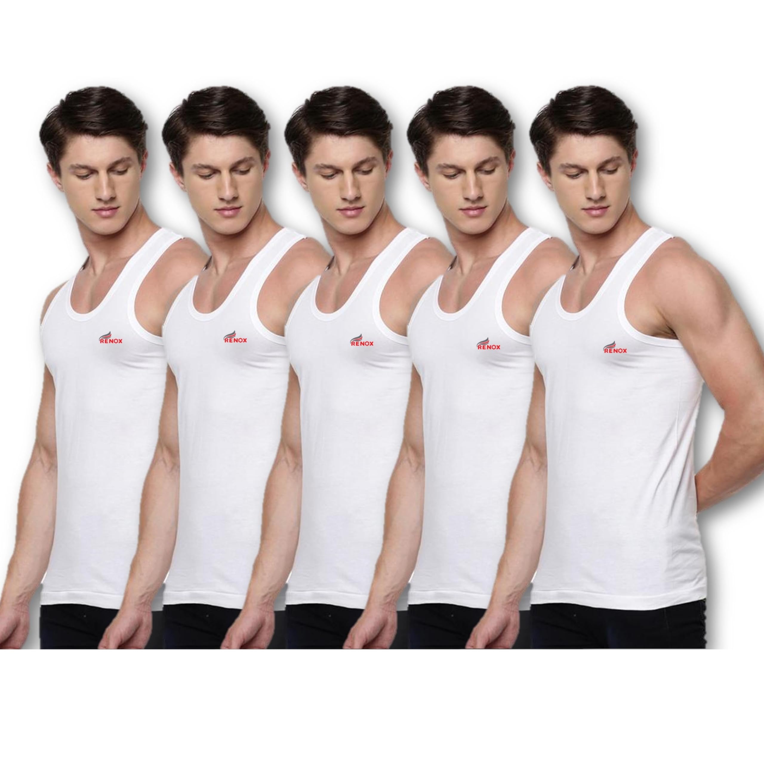renox Men's Cotton Sleeveless RN Vest | Colour - White | Size - P - Pack of 5-picture-27