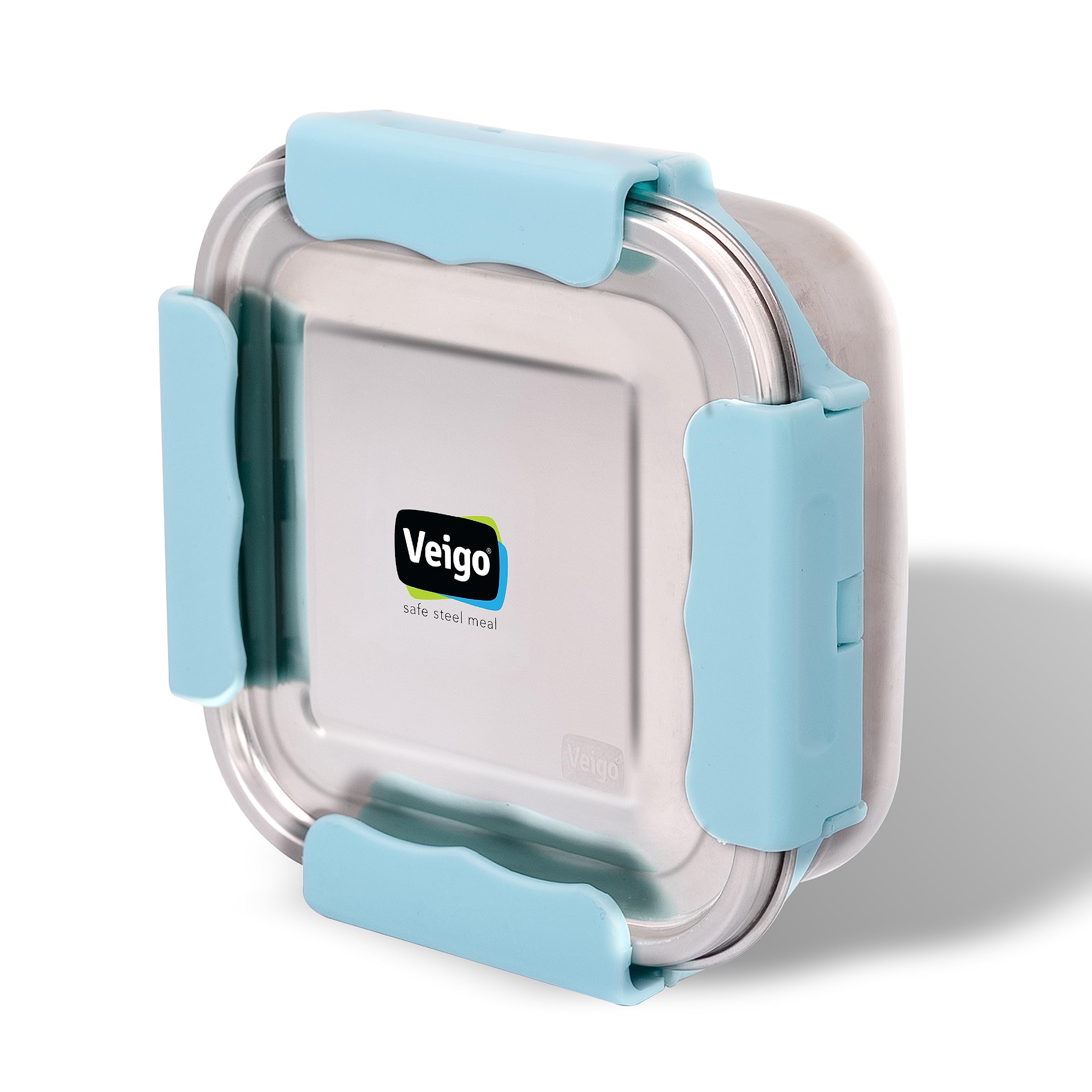 Veigo Stainless Steel Lunch Boxes for Office Men, Tiffin Box for Office Men, Lunch Box for Kids - 1 Aqua Blue Container | Leakage Proof Tiffin | 1 Rectangle Shape 450ml