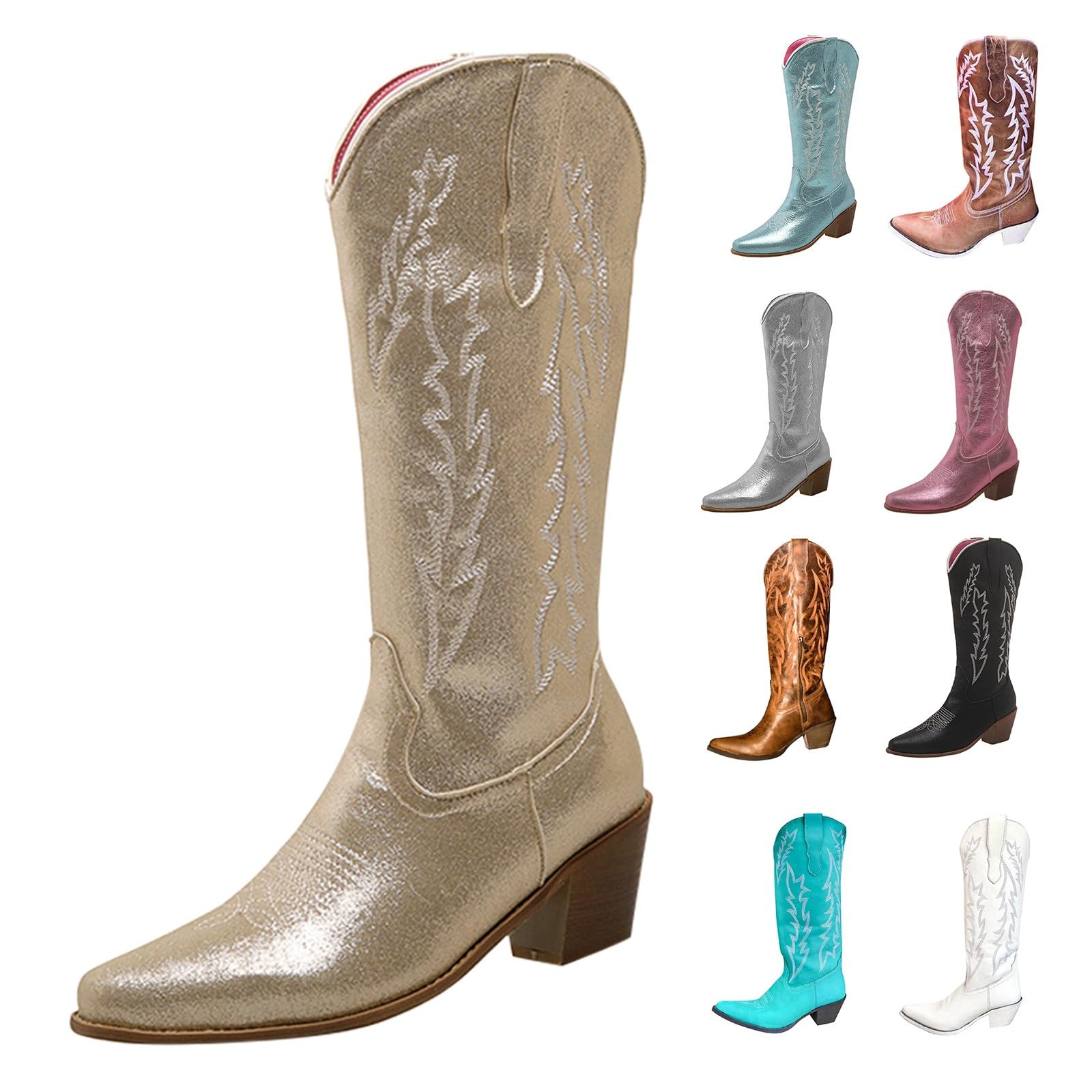 MJGkhiy Botas de Mujer Texanas Altas Western Botines Con Tacón de Bloqueo Ante Bota De Punta De Invierno Cuero Boots Marrones Cowboy Botas Camperos Botín Cómodos